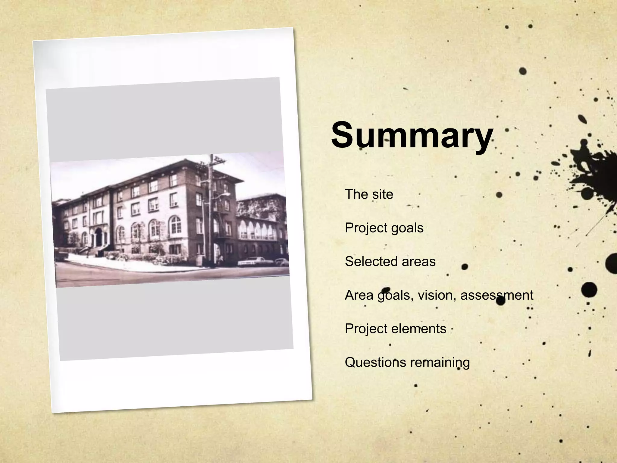 SummaryThe siteProject goalsSelected areasArea goals, vision, assessmentProject elementsQuestions remaining