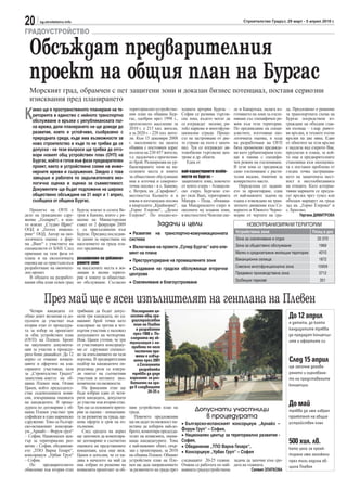 20      sg.stroitelstvo.info                                                                                               Строителство Градът, 29 март - 5 април 2010 г.

ГРАДОУСТРОЙСТВО

  Обсъждат предварителния
  проект на общия план на Бургас
  Морският град, обрамчен с пет защитени зони и доказан бизнес потенциал, поставя сериозни
  изисквания пред планирането

К
    акво ще е пространственото планиране на те-           териториално-устройстве- ходната артерия Бургас –           ле и Бакарлъка, налага из-     да. Предложено е решение
    риторията в единство с нейното транспортно            ния план на община Бур- София се развива търгов-            готвянето на зони за озеле-    за транспортната схема на
    обслужване и връзки с републиканската път-            гас, одобрен през 1998 г., ска зона, където могат да        няване със специфичен ре-      Бургас посредством из-
                                                          прогнозното население за се изграждат молове, ри-           жим към тези територии.        граждане на обходни глав-
    на мрежа, дали планирането ни ще доведе до            2010 г. е 215 хил. жители, тейл паркове и многофунк-        По предписание на специ-       ни пътища – т.нар. ринго-
    развитие, което е устойчиво, съобразено с             а за 2020 г. - 228 хил. жите- ционални сгради. Проце-       алистите, изготвящи еко-       ви връзки, и техните пътни
    природната среда, къде има възможности за             ли. Към 15 декември 2008 сът на застрояване от две-         логичната оценка, в хода       връзки на две нива. Един
    ново строителство и къде то не трябва да се           г. населението на цялата те страни на пътя е започ-         на разработване на ОУП         от обектите на тези връзки
    допуска - на тези въпроси ще трябва да отго-          община с постоянен адрес нал. Тук се изграждат ав-          бяха променени предвиде-       е надлеза над езерото Вая,
                                                          възлиза на 230 457 жители, томобилни търговски цен-         ни като урбанизирани пло-      предлаган в плана, за кой-
    вори новият общ устройствен план (ОУП) на             т.е. надскочен е прогнозни- трове и др. обекти.             щи в такива с специфи-         то още в предварителните
    Бургас, който е готов във фаза предварителен          ят брой. Разширения на ур-      Една от                     чен режим на озеленяване.      становища към екооценка-
    проект, както и устройствени схеми на инже-           банизираните зони на на-                                    В тези зони се предвижда       та е поставен проблема от
    нерните мрежи и съоръжения. Заедно с това             селените места и зоните най-характерните особе-             само озеленяване с расти-      гледна точка застрашава-
    завърши и работата по задължителната еко-             за обществено обслужване ности на Бургас -                  телни видове, типични за       нето на защитената мест-
    логична оценка и оценка за съвместимост.              има в източна и североиз- защитените зони, повечето         конкретното място.             ност и местообитанията
                                                          точна посока - в с. Банево, от които езера - Атанасов-         Определена от задани-       на птиците. Като алтерна-
    Документите ще бъдат подложени на широко              с. Ветрен, кв. „Сарафово“, ско езеро, Бургаско езе-         ето за проектиране, една       тивни варианти се предла-
    обществено обсъждане на 31 март и 1 април,            местността Кьошето и в ро (или Вая), територията            от най-важните задачи на       гат връзка чрез тунел или
    съобщиха от община Бургас.                            южна и югозападна посока Мандра - Пода, обхваща-            плана е извеждане на тран-     обходен маршрут на града
                                                          в кварталите „Крайморие“, ща Мандренското езеро и           зитното движение към Се-       зад кв. „Горно Езерово“ и
   Проектът на ОУП е           Бургас влизат и селата Ве- „Горно Езерово“, „Долно околните му влажни зони,            верното и Южното Черно-        с. Братово.
дело на гражданско сдру-       трен и Банево, които с ре- Езерово“. По входно-из- и местностите Ченгене ске-          морие от чертите на гра-              Гергана ДИМИТРОВА
жение „Геощрих“, в кое-        шение на Министерския
то влизат „Студио Щрих“        съвет от 2 февруари 2009                    Задачи и цели                                     НОВОУРБАНИЗИРАНИ ТЕРИТОРИИ
ООД и „Геотех инжене-          г. са присъединени към
                                                                                                                       Устройствена зона                           Площ в дка
ринг“ ООД. Автор на еко-       Бургас. Предвид последни- • Развитие на транспортно-комуникационната
логичната оценка е фир-        те данни за нарастване на система                                                       Зона за озеленяване и отдих                   33 370
ма „Ванг“ с участието на       населението на града пла-                                                               Зона за обществено обслужване                  1969
специалисти от БАН. След       нът предвижда              • Включване на проекта „Супер Бургас“ като еле-
приемане на тази фаза от                                  мент на плана                                                Малко и средноетажни жилищни територии         4010
плана и на екологичната        разширения на урбанизи-                                                                 Ваканционни селища                             1872
оценка ще се пристъпи към      раните зони
                                                              • Преструктуриране на промишлените зони
разработване на окончате-      на населените места в жи- • Създаване на градски обслужващи вторични                    Смесена многофункционална зона                10959
лен проект.                    лищни и вилни терито- центрове                                                          Предимно производствена зона                   3712
   В обхвата на разработ-      рии и зоните за обществе-
вания общ план освен град      но обслужване. Съгласно • Озеленяване и благоустрояване                                 Гробищни паркове                                351



          През май ще е ясен изпълнителят на генплана на Плевен
   Четири кандидата от         трябваше да бъдат допус-         Последният ця-
общо девет желаещи са до-      нати три кандидата, но ед-     лостен общ гра-
                                                               доустройствен
                                                                                                                                                      До 12 април
пуснати да участват във        наквият брой точки като                                                                                                е датата, до която
втория етап от процедура-      класиране на третия и чет-        план на Плевен
та за избор на проектант       въртия участник е наложил           е разработен                                                                       кандидатите трябва
за общ устройствен план        допускането на четвъртия.         през 1968 г. По-                                                                     да предадат концепци-
(ОУП) на Плевен. Броят         Инж. Цанев уточни, че три       следната му ак-
                                                              туализация с на-                                                                        ите и офертите си
на закупените документа-       от участниците консорциу-       правени по него
ции за участие в процеду-      ми се сдружават специал-           частични про-
рата беше дванайсет. До 12     но за изпълнението на тази         мени е извър-
април се очакват концеп-
циите и офертите на кла-
                               поръчка. В предварителния
                               подбор на кандидатите оп-
                                                                 шена през 2001                                                                       След 15 април
                                                                    г.Сегашната                                                                       ще започне догова-
сираните участници, каза       ределяща роля са изигра-              разработка
за „Строителство Градът“       ли опитът на съответния          трябва да даде                                                                        рянето и оценяване-
заместник–кметът на об-        участник и неговите ико-       хоризонт за раз-                                                                        то на представените
щина Плевен инж. Огнян         номически възможности.         витието на гра-
                                                              да в следващите                                                                         концепции
Цанев, който председател-         На финалния етап ще
ства седемчленната коми-       бъде избран един от чети-                  20-25 г.
сия, извършваща оценката       рите кандидата, допуснати
на кандидатите. В проце-
дурата по договаряне с об-
                               до участие във втория етап.
                               Три ще са основните крите-     щия устройствен план на
                                                                                                                                                      До май
щина Плевен участват три       рии за оценка – концепция-     града.                              Допуснати участници                                 трябва да има избран
софийски и едно варненско      та за развитие на града, це-      Повечето предложения                в процедурата                                    проектант на общия
сдружение. Това са българ-     нова оферта и срок на из-      ще ни дадат възможност на-    • Българско-испанският консорциум „Арнайз –               устройствен план
ско-испанският консорци-       пълнение.                      истина да изберем най-до-
ум „Арнайз – Форум груп“          След средата на април       брото, коментира председа-    Форум Груп“ – София,
– София, Национален цен-       ще започнем да коментира-      телят на комисията, оценя-    • Национален център за териториално развитие -
тър за териториално раз-       ме договаряне и съответно      ваща кандидатурите. Това      София,                                                    500 хил. лв.
витие - София, обединени-      оценката на представените      е най-важният обект, свър-    • Обединение „ТПО Варна Геоарх“,                          като цяло за проек-
ето „ТПО Варна Геоарх“,        концепции, каза още инж.       зан с проектиране, за 2010    • Консорциум „Урбан Груп“ – София
консорциум „Урбан Груп“        Цанев и допълни, че се на-     на община Плевен. Общият                                                                тиране има заложени
– София.                       дява в началото на май да      устройствен план на Пле-      следващите 20-25 години. задача да започне към сре-       през тази година об-
   По     предварителното      има избран по решение на       вен ще даде направлението     Очаква се работата по най- дата на годината.              щина Плевен
обявление във втория етап      комисията проектант за об-     за развитието на града през   важната градоустройствена            Силвия ЗЛАТКОВА
 