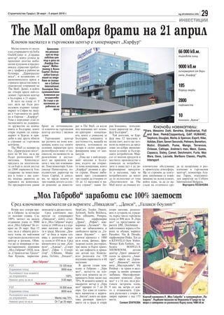 Строителство Градът, 29 март - 5 април 2010 г.                                                                                                     sg.stroitelstvo.info
                                                                                                                                                                          29
                                                                                                                                                   ИНВЕСТИЦИИ

  The Mall отваря врати на 21 април
  Ключов наемател в търговския център е хипермаркет „Карфур“
   Малко повече от месец         Цялостна-
след откриването на Sofia       та реализа-
                                ция на тър-
                                                                                                                                                   66 000 кв.м.
OutletCenter и „Сердика                                                                                                                            търговска площ
център“, които успяха да      говския цен-
превлекат десетки любо-      тър е дело на
питни купувачи и предиз-     „Карфур Бъл-
викаха сериозни пробле-     гария“. Инвес-
                            титор е Assos
                                                                                                                                                   9000 кв.м
ми с трафика в района на                                                                                                                           хипермаркет от вери-
                            Capital. Ексклу-
булевард „Цариградско        зивен консул-
шосе“, и независимо от                                                                                                                             гата „Карфур“
                            тант по отда-
икономическата криза в      ване на площи-
страната предстои ново и       те е Colliers
грандиозно откриване на        International,                                                                                                      185
The Mall. Денят, в който    България. Кон-                                                                                                         водещи марки
ще отвори врати най-го-     султантската
лемият търговски център       компания ще
в България, е 21 април.        осъществя-
   В него на площ от 9       ва също и ця-
                             лостното уп-
                                                                                                                                                   2800
хил. кв.м ще бъде раз-                                                                                                                             паркоместа
положен първият хипер-          равление на
маркет в София на лиде-                мола
ра в търговията на дреб-
но в Европа – „Карфур“.                                                                                                                            10
Това е поредният етап от                                                                                                                           кинозали „Арена“
експанзията на дъщерно-
то дружество на компа-      броят на потенциални-             рат в The Mall, са взели     ран Бендавид, изпълни-              Ключови наематели:
нията в България, която     те клиенти на търговския          под внимание пет основ-      телен директор на „Кар-

                                                                                                                       Z
откри първия си хипер-      център достига 1 милион           ни критерия – концепци-      фур България“.                 ara, Massimo Dutti, Bershka, Stradivarius, Pull
маркет в Бургас и при-      души.                             ята, която е уникална за        Той допълни, че Кар-        and Bear, Peek&Cloppenburg, GAP, HUMANIC,
доби и нае други обекти        Търговският център             България, локацията и        фур има 32 магазина в          Sephora, Douglas, Marks & Spencer, Esprit, Nike,
в строящи се търговски      ще разчита на нова кон-           достъпността, мащаба на      целия свят, което ще поз-      Adidas, Etam, Seven Seconds, Palmers, Benetton,
центрове.                   цепция, която със своите          проекта, потенциала на       воли на веригата да пред-      Motivi, Elizabeth, Puma, Mango, Terranova,
   The Mall се намира на    основни параметри като            пазара и силно диверси-      ложи по-добри икономи-         Oviesse, Calliope, Andrew’s man, Mexx, Guess,
бул. „Цариградско шосе“,    разнообразен микс от на-          фицирания микс от нае-       чески условия за българ-
като на 66 хил. кв.м ще     ематели, възможности за           матели.                      ските потребители. Мик-        Capasca, Sisley, Camel, Deichmann, Furla, Max
бъдат разположени 185       развлечение и достъп-                „Това ще е най-модер-     сът от вносни продукти и       Mara, Geox, Lacoste, Marlboro Classic, Playlife,
магазина.     Комплексът    ност ще привлича кли-             ният магазин в Бълга-        местното производство е        Intersport
предлага на посетители-     енти с нов тип изживява-          рия, където ще открие-       уникален за потребите-
те си бърз и лесен достъп   не. Това коментира Алек-          те нова концепция, която     лите и наша цел е да ди-    ключително обслужване      да за пазаруване и раз-
до 2800 паркоместа бла-     сандър Папагеоргиу, из-           „Карфур“ развива в дру-      ференцираме продукти-       в приятелска атмосфера.    влечение в търговския
годарение на инвестици-     пълнителен директор на            ги страни. Имаме амби-       те в магазина, така че      Ще се стремим да осигу-    център“, коментира Ата-
ята в тунел с две плат-     Assos Capital, и допъл-           цията през следващите        потребителите да могат      рим запомнящи се изжи-     нас Гаров, изпълните-
на, водеща директно до      ни, че преди повече от            три години да отворим от     да се възползват от това    вявания на всеки клиент,   лен директор на Colliers
паркинга на комплекса.      три години, когато са взе-        10 до 12 магазина в ця-      „Посетителите на The        който идва, за да се на-   International Bulgaria.
По предварителни данни      ли решение да инвести-            лата страна“, заяви Ло-      Mall могат да очакват из-   слади на отличната сре-        Маргарита ЛОЗАНОВА



                    „Мол Габрово“ заработи със 100% заетост
  Сред ключовите наематели са веригите „Пикадили“, „Денси“, „Галакси боулинг“
   Втори мол отвори вра-    мениджър в дружеството.           StepCare, Teodor, Danini,    втори магазин, разполо-
ти в Габрово за по-малко       Сред ключовите нае-            AristonS, Stella Belcheva,   жен в сутерена на сграда-
от половин година. Със      матели са супермаркет             New silhouette, Pompea,      та, върху чиста търговска
100% заетост на цялата      „Пикадили“, който стъп-           Wanice,      парфюмерия      площ от 800 кв.м. В „Тера
отдаваема площ от 9000      ва в „Мол Габрово“ върху          „Драка“, „Рефан“, кни-       мол“ са представени ве-
кв.м „Мол Габрово“ бе от-   площ от 1600 кв.м и е пър-        жарница „Хеликон“. Ак-       ригата DM, Deichmann –
крит на 26 март. Над 15     вият магазин от верига-           цент на забавленията и       най-голямата верига в Ев-
хил. кв.м е общата разгъ-   та в града. Магазин „Ден-         свободното време са „Га-     ропа за обувки, марките
ната площ на най-новия      си“ за бяла и черна тех-          лакси боулинг“ – друг        Parushev, Nia & Dorado,
търговско-развлекателен     ника е разположен вър-            ключов наемател с 1000       парфюмерия Draka. Тук са
център в региона. Обек-     ху площ от 650 кв.м. Сред         кв.м площ, фитнес, фри-      и KENVELO New Yorker,
тът ще се менажира от ин-   наемателите са още „Кен-          зьорски салон, ресторант,    Wenice Kids Fashion, ме-
вестиционната компания      вело“, „Адидас“, „Спорт           три звена за бързо хране-    белите         BODYLUX
„Мол Габрово“ ООД, каза     Депо“, „Офис 1 Супер-             не, две кафенета и прика-    SHOWROOM,          детски
за „Строителство Градът“    стор“, UBJeans, Madoc             зен детски кът. Компле-      център „Трите диванета“,
Ана Кушева, маркетинг       jeans, GiAnni, „Тенденз“,         ксът разполага със 120       салон за красота „Аван-
                                                              подземни паркоместа и 60     гард“, офиси на „Герма-
                   „Мол Габрово“                              надземни.                    нос“, „Виваком“, магази-
РЗП                                             15 120 кв.м      В другия голям ком-       ните „Мастерклийн“, My
Отдаваема площ                                    9000 кв.м   плекс в Габрово - „Тера      Petshop - за храни и аксе-
                                                              мол“, заетостта на пло-      соари за вашия домашен
Пълняемост към момента
на откриването                                       100%     щите към момента на от-      любимец. Многофункци-
                                                              криването бeше малко над     оналният комплекс „Тера
Наемна цена за кв.м                              5-20 евро    70%. В момента цените за     мол“ е с 16 хил. кв.м раз-
                     „Тера мол“                               квадратен метър в „Тера      гъната застроена площ,
РЗП                                             16 000 кв.м   мол“ варират от 7 до 20      9 хил. кв. метра от кои-
Отдаваема площ                                    9000 кв.м   евро. Тук един от ключо-     то е отдаваемата. Сгра-
                                                              вите наематели е верига-     дата разполага с открит и
Пълняемост към момента                                        та „Билла“, която на прак-   закрит паркинг с над 155 Ключов наемател в „Мол Габрово“ е супермаркет „Пи-
на откриването                          Малко над 70%
                                                              тика разшири присъст-        места.                     кадили“. Първият магазин на веригата в Града на ху-
Наемна цена за кв.м                     От 7 до 20 евро       вието си в града и откри              Силвия ЗЛАТКОВА мора и сатирата се разполага върху площ 1600 кв.м
 