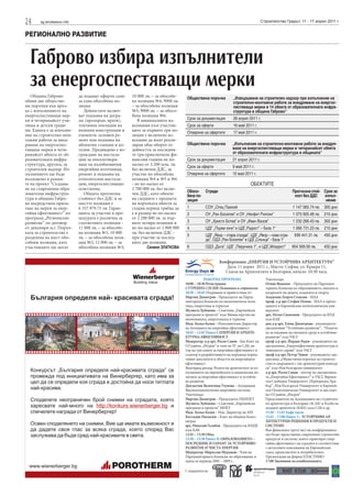 24     sg.stroitelstvo.info                                                                                                          Строителство Градът, 11 - 17 април 2011 г.


РЕГИОНАЛНО РАЗВИТИЕ


  Габрово избира изпълнители
  за енергоспестяващи мерки
   Община Габрово             да подават оферти само     10 000 лв. – за обособе-    Обществена поръчка           „Извършване на строителен надзор при изпълнение на
обяви две обществе-           за една обособена по-      на позиция №4; 9000 лв.                                  строително-монтажни работи за внедряване на енергос-
ни поръчки във връз-          зиция.                     – за обособена позиция                                   пестяващи мерки в 14 обекта от образователната инфра-
ка с изпълнението на             Дейностите включ-       №5; 9000 лв. – за обосо-                                 структура в община Габрово”
енергоспестяващи мер-         ват подмяна на догра-      бена позиция №6.
ки в четиринайсет учи-        ма (прозорци, врати),         В минималните из-        Срок за документация         28 април 2011 г.
лища и детски гради-          топлинна изолация на       исквания към участни-       Срок за оферти               16 май 2011 г.
ни. Едната е за изпълне-      външни конструкции и       ците за първите три по-     Отваряне на офертите         17 май 2011 г.
ние на строително-мон-        елементи, основен ре-      зиции е включено из-
тажни работи за внед-         монт или подмяна на        искване да имат реали-
ряване на енергоспес-         абонатни станции и ко-     зиран общ оборот от         Обществена поръчка           „Изпълнение на строително-монтажни работи за внедря-
тяващи мерки в чети-          телни. Предвидено е из-    дейността за последни-                                   ване на енергоспестяващи мерки в четиринайсет обекта
ринайсет обекта от об-        граждане на инстала-       те три приключили фи-                                    от образователната инфраструктура в общината”
разователната инфра-          ции за оползотворя-        нансови години не по-       Срок за документация         21 април 2011 г.
структура, другата, за        ване на възобновяеми       малко от 3.200 млн. лв.
                                                                                     Срок за оферти               9 май 2011 г.
строителен надзор. Из-        енергийни източници,       без включен ДДС, за
пълнението ще бъде            ремонт и подмяна на        участие по обособена        Отваряне на офертите         10 май 2011 г.
възложено в рамки-            отоплителни инстала-       позиция №4 и №5 и №6
те на проект “Създава-        ции, енергоспестяващо      - не по-малко от                                                   ОБЕКТИТЕ
не на съвременна обра-        осветление.                2 700 000 лв. без вклю-
                                                                                     Обосо- Сгради                                                    Прогнозна стой- Срок за
зователна инфраструк-            Общата прогнозна        чен ДДС, като обемът        бена по-                                                          ност без ДДС   изпъл-
тура в община Габро-          стойност без ДДС и за      на сходните с предмета      зиция                                                                             нение
во посредством прила-         шестте позиции е           на поръчката обекти за
гане на мерки за енер-        6 357 979.75 лв. Гаран-    същия период трябва да      1            СОУ „Отец Паисий                                     1 147 065.74 лв. 300 дни
гийна ефективност” по         цията за участие в про-    е в размер не по-малко      2            ОУ „Ран Босилек” и ОУ „Неофит Рилски”                1 070 905.48 лв. 210 дни
програма „Регионално          цедурата е различна за     от 2 200 000 лв. за пър-
развитие” по договор          съответните позиции -      вите четири позиции и       3            ОУ „Христо Ботев” и ОУ „Иван Вазов”                  1 232 266.43 лв. 300 дни
от декември м.г. Поръч-       11 000 лв. – за обособе-   не по-малко от 1 800 000    4            ЦДГ „Първи юни” и ЦДГ„Радост” – база 1“              1 066 731.23 лв. 210 дни
ката за строителство е        на позиция №1; 10 000      лв. без включен ДДС -
                                                                                     5            ЦДГ „Явор – стара сграда”, ЦДГ „Явор – нова сгра-     936 441.31 лв.   450 дни
разделена на шест обо-        лв. – за обособена пози-   при участие за послед-                   да”, ОДЗ „Ран Босилек” и ЦДГ„Слънце” - база 1“
собени позиции, като          ция №2; 12 000 лв. – за    ните две позиции.
участниците ще могат          обособена позиция №3;             Силвия ЗЛАТКОВА      6            ОДЗ „Дъга”, ЦДГ „Перуника 1”, и ЦДГ„Младост”        904 569.56 лв.     450 дни


                                                                                                          Конференция „ЕНЕРГИЯ И УСТОЙЧИВА АРХИТЕКТУРА”
                                                                                                             Дата: 11 април 2011 г., Място: София, ул. Кракра 11,
                                                                                                             Съюза на Aрхитектите в България, начало: 10:30 часа.
                                                                                                РАБОТНА ПРОГРАМА                       Участници:
                                                                                    10:00 – 10:30 Регистрация                          Огнян Янакиев – Председател на Парламен-
                                                                                    СУТРЕШНА СЕСИЯ: Политики и стратегии               тарната Комисия по образованието, науката и
                                                                                    10:30 – 10:45 Откриване и приветствия от:          въпросите на децата, младежта и спорта
                                                                                    Мартин Димитров - Председател на Парла-            Академик Георги Стоилов - МАА
                                                                                    ментарната Комисия по икономическа поли-           проф. д-р арх Стефан Попов - MAA и препо-
                                                                                    тика, енергетика и туризъм                         давател в Европейския политехнически уни-
                                                                                    Жулиета Хубенова – Съветник „Европейски            верситет
                                                                                    програми и проекти” към Министерство на            арх. Петко Симеонов - Председател на КПД
                                                                                    икономиката, енергетиката и туризма                към КАБ
                                                                                    Инж. Кольо Колев – Изпълнителен Директор           доц д-р арх. Елена Димитрова - ръководител
                                                                                    на Агенцията по енергийна ефективност              дисциплини “Устойчиво развитие”, “Полити-
                                                                                    10:45 – 12:45 Панел I: ЕНЕРГИЯ И АРХИТЕ-           ка за опазване на околната среда и устойчиво
                                                                                    КТУРНА ЕФЕКТИВНОСТ                                 развитие” към УАСГ
                                                                                    Модератор: д-р арх. Росен Савов - Зам Кмет на      проф д-р арх. Йордан Радев - ръководител на
                                                                                    СО район „Изгрев” и член на УС на САБ, ав-         дисциплина „Енергоефективна архитектура и
                                                                                    тор на три книги за енергийна ефективност и        човешкото здраве” към УАСГ
                                                                                    съавтор в разработването на поредица норма-        проф д-р арх Петър Чавов - ръководител дис-
                                                                                    тивни документи в областта на енергийната          циплина „Обществени поръчки за строител-
                                                                                    ефективност                                        ство и свързаните с тях архитектурни конкур-
                                                                                    Въвеждащ доклад: Ролята на архитектите за из-      си” към Нов български университет
                                                                                    пълнението на европейската и национална по-        д-р арх. Росен Савов - лектор по дисциплина-
                                                                                    литики за енергийна ефективност и устойчи-         та „Енергийна Ефективност” в УАСГ, Варнен-
                                                                                    во развитие                                        ски Свободен Университет „Черноризец Хра-
                                                                                    Докладчик Валентина Узунова – Асоциация            бър”, Нов Български Университет и Европей-
                                                                                    Високотехнологични енергийни системи.              ски Политехнически Университет и зам кмет
                                                                                    Участници:                                         на СО район „Изгрев”
                                                                                    Мартин Димитров – Председател ПКИПЕТ               Представители на Асоциацията на студентите
                                                                                    Жулиета Хубенова – Съветник „Европейски            по архитектура в България (АСАБ) и Клуба на
                                                                                    програми и проекти” МИЕТ                           младите архитекти (КМА) към САБ и др.
                                                                                    Инж. Кольо Колев – Изп. Директор на АЕЕ            15:30 – 15:45 Кафе пауза
                                                                                    Костадин Паскалев – Кмет на община Благо-          15:45 – 17:00 Панел 3 – УСТОЙЧИВИ АР-
                                                                                    евград                                             ХИТЕКТУРНИ РЕШЕНИЯ В ПРОДУКТИ И
                                                                                    арх. Николай Гълабов - Председател на КМДЕ         СИСТЕМИ
                                                                                    към КАБ                                            Във финалната трета част на конференцията
                                                                                    12:45 – 13:30 Обяд                                 ще бъдат представени съвременни строителни
                                                                                    13:30 – 15:30 Панел II: ОБРАЗОВАНИЕТО –            продукти и системи, които гарантират енер-
                                                                                    ПОСРЕДНИК И ГАРАНТ ЗА УСТОЙЧИВО                    гийна ефективност на сградите в съответствие
                                                                                    РАЗВИТИЕ И ЧИСТА ЕНЕРГИЯ                           с актуалните изисквания на Европейския
                                                                                    Модератор: Мирослав Мурджов - Член на              съюз, проектантите и потребителите.
                                                                                    Парламентарната Комисия по образование и           Презентация на фирма ПЛАСТИМО
                                                                                    наука за периода 2005 – 2009 г..                   17:00 Закриване на конференцията

                                                                                    С подкрепата на:
 