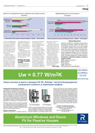 Строителство Градът, 11 - 17 април 2011 г.                                                                                              sg.stroitelstvo.info   27
                                                                                                                                                      ТРЕНД

Важност на отделните местни фактори при инвестиционни                                           Удовлетвореност от настоящата
                       решения                                                                             ситуация




тяхната квалификация-      та правна сигурност и      вия, Литва и Словакия.     мишленост, които да                     Проучването
та. В тази насока близо    корупцията. Интересен      На последните мес-         инвестират у нас.         Анкетата е анонимна и е проведена онлайн сред 16
42 на сто от членовете     факт е, че тази оцен-      та след България се на-       Повечето германски     индустриално-търговски камари в Централна и Из-
на камарата желаят да      ка не се е променяла от    реждат Унгария, Румъ-      инвестиции в момента
увеличат броя на слу-      2005 г., когато анкетата   ния и Албания.             са насочени главно към    точна Европа. България като част от тази система
жителите си, като досе-    на ГБИТК е проведена          Към момента абсо-       възобновяемите източ-     на търговските камари участва в анкетата от 2005 г.
га германските компа-      за първи път.              лютен лидер в търгови-     ници на енергия (зелена   насам. Тази година в проучването за икономическо-
нии са открили в стра-        Обобщените резулта-     ята с Германия е Полша     енергия), опазване на     то състояние на България участват 68 водещи бъл-
ната около 50 000 ра-      ти от проучването, про-    – около 66 млрд. евро,     околната среда и инова-   гарски и германски компании, 72% от тях са малки и
ботни места.               ведено паралелно в още     следвана от Русия (коя-    ционни технологии.
   В повечето обла-        няколко страни от Цен-     то измества Чехия) – 58       В Германско-бъл-       средни предприятия с до 250 работници, а останали-
сти инвеститорите все      трална и Източна Евро-     млрд. евро. Български-     гарската индустриал-      те 28% са големи предприятия с над 250 работници.
още виждат необходи-       па, показват, че           ят стокообмен с Герма-     но-търговска камара       Участвалите в допитването фирми са активни в
мост от вземане на мер-                               ния е 3.9 млрд. евро, но   (ГБИТК) членуват над      следните сектори:
ки. Към слабостите в       България е на 7-о мяс-     по думите на д-р Ми-       450 фирми инвестито-      34.2% в сферата на услугите
България се причисля-      то от общо 10 държави      тко Василев камарата       ри и това я превръща в    24.1% индустрия
ват лошото състояние       в региона                  работи за привличане-      най-голямата двуезична
на инфраструктурата,       по показателя бизнес       то на нови германски       външнотърговска ка-       17.7% търговия
неефективното упра-        климат. Лидер е Есто-      компании от мебелната,     мара в България.          13.9% строителство
вление, недостатъчна-      ния, следвана от Лат-      текстилната и ВЕИ про-               Мария ПЪДЕВА    10.1% енергетика и водоснабдяване
 