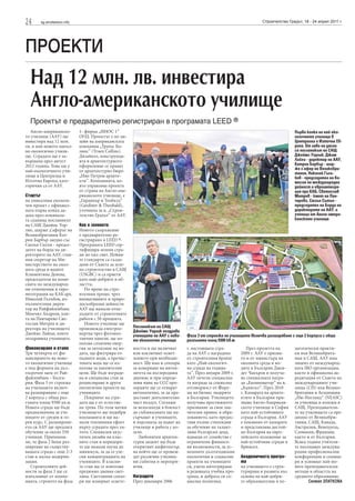 24        sg.stroitelstvo.info                                                                                             Строителство Градът, 18 - 24 април 2011 г.




ПРОЕКТИ
  Над 12 млн. лв. инвестира
  Англо-американското училище
  Проектът е предварително регистриран в програмата LEED ®
   Англо-американско-            1- фирма „ИНОС 1”                                                                                          Първа копка на най-еко-
то училище (ААУ) ще              ООД. Проектът е по ди-                                                                                     логичното училище в
инвестира над 12 млн.            зайн на американската                                                                                      Централна и Източна Ев-
лв. в най-новото напъл-          компания „Труекс Ко-                                                                                       ропа. От ляво на дясно
но екологично учили-             линс” (Truex Cоllins).                                                                                     са посланикът на САЩ
ще. Сградата ще е за-            Дизайнът, конструкци-                                                                                      Джеймс Уорлик, Джим
вършена през август              ята и архитектурното                                                                                       Лийхи - директор на ААУ,
2012 година. Това ще е           оформление се правят                                                                                       Катрин Барбър - шар-
                                                                                                                                            же л’афер на Великобри-
най-екологичното учи-            от архитектурно бюро                                                                                       тания, Николай Гълъ-
лище в Централна и               „Иво Петров архите-                                                                                        бов - председател на Ко-
Източна Европа, кате-            кти”. Компанията, ко-                                                                                      мисия по международна
горични са от ААУ.               ято управлява проекта                                                                                      дейност и евроинтегра-
                                 от страна на Англо-аме-                                                                                    ция при КАБ, Светослав
Стартът                          риканското училище, е                                                                                      Митрев - кмет на Пан-
на уникалния екологи-            „Гардинър и Теобалд”                                                                                       чарево, Сюзън Сътън -
чен проект с официал-            (Gardiner & Theobald),                                                                                     председател на Борда на
ната първа копка да-             уточниха за в. „Строи-                                                                                     директорите на ААУ, и
доха през изминала-              телство Градът” от ААУ.                                                                                    ученици от Англо-амери-
та седмица посланикът                                                                                                                       канското училище
на САЩ Джеймс Уор-               Кое е зеленото
лик, шарже д'аферът на           Новото съоръжение
Великобритания Кат-              е предварително ре-
рин Барбър заедно със            гистрирано в LEED ®.
Сюзън Сътън - предсе-            Програмата LEED сер-
дател на борда на ди-            тифицира зелени сгра-
ректорите на ААУ, глав-          ди по цял свят. Нейни-
ния секретар на Ми-              те стандарти са създа-
нистерството на окол-            дени от Съвета за зеле-
ната среда и водите              но строителство в САЩ
Климентина Денева,               (USGBC) и са приети
председателя на коми-            като най-добрите в об-
сията по международ-             ластта.
ни отношения и евро-                По време на стро-
интеграция на КАБ арх.           ителния процес чрез
Николай Гълъбов, из-             иновативните и приро-
пълнителния дирек-               досъобразни дейности
тор на Райфайзенбанк             ААУ ще намали отпа-
Момчил Андреев, кме-             дъците от строителните
та на Панчарево Све-             работи с 50 процента.
тослав Митрев и ди-                 Новото училище ще
ректора на училището             произвежда електрое-      Посланикът на САЩ
                                                           Джеймс Уорлик поздрави
Джеймс Лийхи, които              нергия чрез фотовол-      учениците на ААУ с ново-   Фаза 3 от строежа на училището включва разширяване с още 2 корпуса с обща
поздравиха учениците.            таични панели, ще из-     то екологично училище      разгъната площ 9300 кв.м
                                 ползва слънчева енер-
Финансиране и етапи              гия за затопляне на во-   ността и ще включват       г. настоящата сгра-           През пролетта на        дагогически практи-
Три четвърти от фи-              дата, ще филтрира от-     или изключват освет-       да на ААУ е наградена      2009 г. ААУ е призна-      ки във Великобрита-
нансирането на ново-             падните води, а пречис-   лението при необходи-      от строителния бранш       то и от министъра на       ния и САЩ. AAУ има
то екологично училище            тената вода ще се из-     мост. Ще има и сензори     като „Най-екологич-        околната среда и во-       лиценз от международ-
е под формата на дъл-            ползва за напоителни      за измерване на интен-     на сграда на година-       дите в България Джев-      ната IBO организация,
госрочен заем от Рай-            цели. Ще бъде изграде-    зитета на въглеродния      та”. През януари 2009 г.   дет Чакъров и получа-      както и официална ак-
файзенбанк - Бълга-              на и специална стая за    двуокис и при опреде-      ААУ печели специална-      ва специалната награ-      редитация от Съвета на
рия. Фаза 3 от строежа           рециклиране и други       лени нива на СО2 про-      та награда за социална     да „Екоиноватор” на в.     международните учи-
на училището включ-              екологични проекти на     зорците ще се отварят      отговорност от Фору-       „Капитал“. През 2010       лища (CIS) във Велико-
ва разширяване с още             учениците.                автоматично, за да пре-    ма на бизнес лидерите      г. Камарата на архите-     британия и Асоциация
2 корпуса с обща раз-               Покривът на сгра-      доставят допълнително      в България. Училището      ктите в България при-      „Ню Ингланд“ (NEASC)
гъната площ 9300 кв.м.           дата ще е от естестве-    чист въздух. Стелажи       получава престижното       знава Англо-Aмерикан-      за училища и колежи в
Новата сграда ще бъде            на трева. По този начин   за велосипеди в близост    признание за своя зна-     ското училище в София      САЩ. Преподаватели-
предназначена за уче-            училището ще подобри      до съблекалните ще на-     чителен принос в обра-     като най-устойчивата       те на училището са пре-
ниците от среден и го-           изолацията и ще на-       сърчават и учениците,      зованието, като предос-    сграда в България. ААУ     димно от Великобри-
рен курс. С разширени-           мали топлинния ефект      и персонала да идват на    тавя пълни стипендии       е поканено от камарата     тания, САЩ, Канада,
ето си ААУ ще предлага           върху сградата през ля-   училище и работа с ко-     за обучение на талант-     и представлява достой-     Австралия, Венецуела,
обучение за около 550            тото. Специален акус-     лело.                      ливи български деца,       но България на евро-       Словакия, Франция,
ученици. Припомня-               тичен дизайн на клас-        Любопитен архитек-      идващи от семейства с      пейското изложение за      както и от България.
ме, че фаза 2 беше раз-          ните стаи и коридори-     турен акцент ще бъде       ограничени финансо-        най-устойчиви сгради в     Всяка година учители-
ширение на съществу-             те ще намали шума до      откритият амфитеатър,      ви възможности, за ус-     Брюксел.                   те посещават междуна-
ващата сграда с още 2-3          минимум, за да се уле-    на който ще се провеж-     пешните дългогодишни                                  родни професионални
стаи и малка модерни-            сни концентрацията на     дат различни училищ-       екологични и социални      Академичната програ-       конференции и семина-
зация.                           учениците. В класни-      ни събития и меропри-      проекти на учениците       ма                         ри и усвояват най-но-
   Строителните дей-             те стаи ще се използва    ятия.                      си, умело интегрирани      на училището е струк-      вите преподавателски
ности за фаза 3 ще се            предимно дневна свет-                                в редовната учебна про-    турирана и развита въз     методи в областта на
изпълняват от компа-             лина. Светлинни сензо-    Наградите                  грама, и добрата си со-    основа на най-добри-       средното образование.
нията, строител на фаза          ри ще измерват освете-    През декември 2006         циална политика.           те образователни и пе-            Силвия ЗЛАТКОВА
 