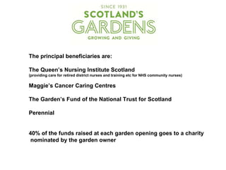 The principal beneficiaries are:

The Queen’s Nursing Institute Scotland
(providing care for retired district nurses and training etc for NHS community nurses)

Maggie’s Cancer Caring Centres

The Garden’s Fund of the National Trust for Scotland

Perennial


40% of the funds raised at each garden opening goes to a charity
 nominated by the garden owner
 
