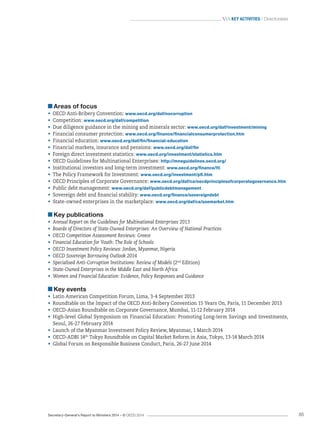Secretary-General’s Report to Ministers 2014 – © OECD 2014 85
 Key activities / Directorates
Areas of focus
•	 OECD Anti-Bribery Convention: www.oecd.org/daf/nocorruption
•	 Competition: www.oecd.org/daf/competition
•	 Due diligence guidance in the mining and minerals sector: www.oecd.org/daf/investment/mining
•	 Financial consumer protection: www.oecd.org/finance/financialconsumerprotection.htm
•	 Financial education: www.oecd.org/daf/fin/financial-education
•	 Financial markets, insurance and pensions: www.oecd.org/daf/fin
•	 Foreign direct investment statistics: www.oecd.org/investment/statistics.htm
•	 OECD Guidelines for Multinational Enterprises: http://mneguidelines.oecd.org/
•	 Institutional investors and long-term investment: www.oecd.org/finance/lti
•	 The Policy Framework for Investment: www.oecd.org/investment/pfi.htm
•	 OECD Principles of Corporate Governance: www.oecd.org/daf/ca/oecdprinciplesofcorporategovernance.htm
•	 Public debt management: www.oecd.org/daf/publicdebtmanagement
•	 Sovereign debt and financial stability: www.oecd.org/finance/sovereigndebt
•	 State-owned enterprises in the marketplace: www.oecd.org/daf/ca/soemarket.htm
Key publications
•	 Annual Report on the Guidelines for Multinational Enterprises 2013
•	 Boards of Directors of State-Owned Enterprises: An Overview of National Practices
•	 OECD Competition Assessment Reviews: Greece
•	 Financial Education for Youth: The Role of Schools
•	 OECD Investment Policy Reviews: Jordan, Myanmar, Nigeria
•	 OECD Sovereign Borrowing Outlook 2014
•	 Specialised Anti-Corruption Institutions: Review of Models (2nd
Edition)
•	 State-Owned Enterprises in the Middle East and North Africa
•	 Women and Financial Education: Evidence, Policy Responses and Guidance
Key events
•	 Latin American Competition Forum, Lima, 3-4 September 2013
•	 Roundtable on the Impact of the OECD Anti-Bribery Convention 15 Years On, Paris, 11 December 2013
•	 OECD-Asian Roundtable on Corporate Governance, Mumbai, 11-12 February 2014
•	 High-level Global Symposium on Financial Education: Promoting Long-term Savings and Investments,
Seoul, 26-27 February 2014
•	 Launch of the Myanmar Investment Policy Review, Myanmar, 1 March 2014
•	 OECD-ADBI 14th
Tokyo Roundtable on Capital Market Reform in Asia, Tokyo, 13-14 March 2014
•	 Global Forum on Responsible Business Conduct, Paris, 26-27 June 2014
 