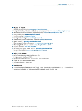 Secretary-General’s Report to Ministers 2014 – © OECD 2014 91
 Key activities / Directorates
Areas of focus
•	 OECD Better Life Initiative: www.oecd.org/betterlifeinitiative
•	 Composite leading indicators and business tendency surveys: www.oecd.org/std/leading-indicators
•	 Entrepreneurship indicators and business statistics: www.oecd.org/std/business-stats
•	 Financial statistics: www.oecd.org/std/fin-stats
•	 Gender equality: www.oecd.org/gender
•	 Green growth strategy: www.oecd.org/greengrowth
•	 International trade and balance of payments: www.oecd.org/std/its
•	 Labour statistics: www.oecd.org/std/labour-stats
•	 Measuring well-being and progress: www.oecd.org/measuringprogress
•	 Measuring Trade in Value Added: www.oecd.org/trade/valueadded
•	 National accounts: www.oecd.org/std/na
•	 Prices and purchasing power parities: www.oecd.org/std/prices-ppp
•	 Productivity statistics: www.oecd.org/std/productivity-stats
Key publications
•	 OECD Compendium of Productivity Indicators 2013
•	 Entrepreneurship at a Glance 2014
•	 OECD Factbook 2014: Economic, Environmental and Social Statistics
•	 How’s Life? 2013: Measuring Well-being
•	 National Accounts at a Glance 2014
Key events
•	 2nd
International Conference on Governance, Crime and Justice Statistics, Mexico City, 17-20 June 2014
•	 Conference on Measuring and Assessing Job Quality, Brussels, October 2014
 
