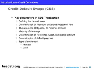 11
Introduction to Credit Derivatives
Credit Default Swaps (CDS)
 Key parameters in CDS Transaction
o Defining the default event
o Determination of Premium or Default Protection Fee
o The reference Obligation, its notional amount
o Maturity of the swap
o Determination of Reference Asset, its notional amount
o Determination of default payment
o Type of settlement
• Physical
• Cash
 