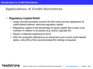 14
Introduction to Credit Derivatives
Applications of Credit Derivatives
 Regulatory Capital Relief
o Large commercial banks account for the most common application of
credit default options: reducing regulatory capital.
o Regulatory capital is the percentage of equity capital that a bank must
maintain in relation to its assets (e.g. loans), typically 8%.
o Equity is relatively expensive to fund.
o With the protection afforded by an instrument such as the credit default
option, only 20% of the recommended 8% holding is required.
 
