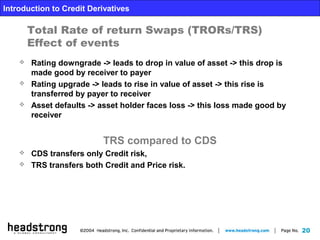 20
Introduction to Credit Derivatives
Total Rate of return Swaps (TRORs/TRS)
Effect of events
 Rating downgrade -> leads to drop in value of asset -> this drop is
made good by receiver to payer
 Rating upgrade -> leads to rise in value of asset -> this rise is
transferred by payer to receiver
 Asset defaults -> asset holder faces loss -> this loss made good by
receiver
TRS compared to CDS
 CDS transfers only Credit risk,
 TRS transfers both Credit and Price risk.
 
