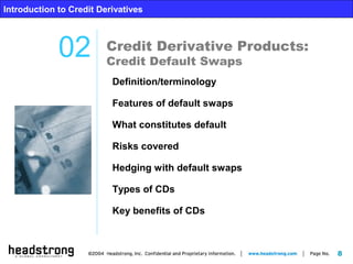 8
Introduction to Credit Derivatives
Credit Derivative Products:
Credit Default Swaps
02
Introduction to Credit Derivatives
Definition/terminology
Features of default swaps
What constitutes default
Risks covered
Hedging with default swaps
Types of CDs
Key benefits of CDs
 
