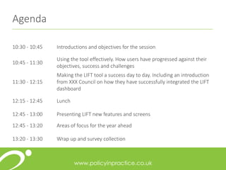 Agenda
10:30 - 10:45 Introductions and objectives for the session
10:45 - 11:30
Using the tool effectively. How users have progressed against their
objectives, success and challenges
11:30 - 12:15
Making the LIFT tool a success day to day. Including an introduction
from XXX Council on how they have successfully integrated the LIFT
dashboard
12:15 - 12:45 Lunch
12:45 - 13:00 Presenting LIFT new features and screens
12:45 - 13:20 Areas of focus for the year ahead
13:20 - 13:30 Wrap up and survey collection
 