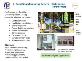 4. Condition Monitoring System – Distribution
Transformers
The Transformer Condition
Monitoring System (TCMS)
covers the following parameters.,
 Load Parameters
 Load balance /unbalance
 Energy dispensed
 Power Quality parameters
 Power on/off status
 Oil Temperature
 Oil Level – critical
 Surface temperatures
 Ambient temperature
DT : Ganapathy 100 kVA,
SLV Feeder with TMU
Temp
Sensor –
Top Tank
Temp
Sensor -
Middle
Tank
Temp
Sensor -
Ambient
Advanced Analytical applications
Objectives:
Asset condition Monitoring ,
Proactive maintenance,
Power flow monitoring,
reduction of failure rate,
Load modelling, forecasting,
 