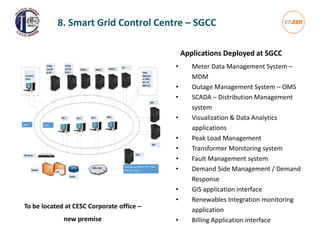 Applications Deployed at SGCC
• Meter Data Management System –
MDM
• Outage Management System – OMS
• SCADA – Distribution Management
system
• Visualization & Data Analytics
applications
• Peak Load Management
• Transformer Monitoring system
• Fault Management system
• Demand Side Management / Demand
Response
• GIS application interface
• Renewables Integration monitoring
application
• Billing Application interface
To be located at CESC Corporate office –
new premise
8. Smart Grid Control Centre – SGCC
 