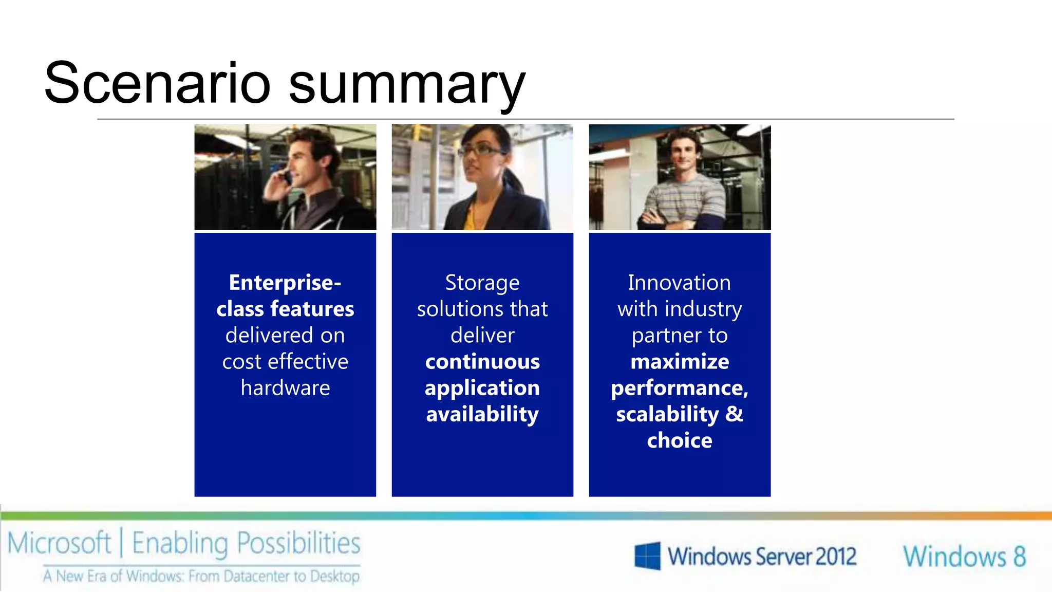 Scenario summary
              Dynamic memory              Network
            increase assigned to      virtualization for
             virtual machines to     multitenancy and IP
            increase capacity with        portability
                 no downtime
 