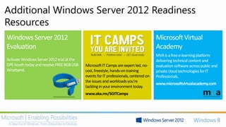 Additional Windows Server 2012 Readiness
Resources



                Microsoft IT Camps are expert led, no-
                cost, freestyle, hands-on training
                events for IT professionals, centered on
                the issues and workloads you’re
                tackling in your environment today.
                www.aka.ms/SGITCamps
 