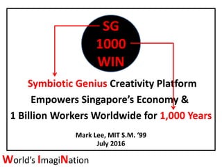 Symbiotic Genius Creativity Platform
Empowers Singapore’s Economy &
1 Billion Workers Worldwide for 1,000 Years
SG
1000
WIN
World’s ImagiNation
Mark Lee, MIT S.M. ‘99
July 2016
 