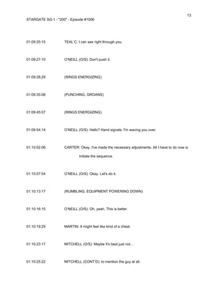 13
STARGATE SG-1 - "200" - Episode #1006




01:09:25:15         TEAL’C: I can see right through you.



01:09:27:10         O’NEILL (O/S): Don't push it.



01:09:28:29         (RINGS ENERGIZING)



01:09:35:08         (PUNCHING, GROANS)



01:09:45:07         (RINGS ENERGIZING)



01:09:54:14         O’NEILL (O/S): Hello? Hand signals. I'm waving you over.



01:10:02:06         CARTER: Okay, I've made the necessary adjustments. All I have to do now is

                             initiate the sequence.



01:10:07:04         O’NEILL (O/S): Okay. Let's do it.



01:10:13:17         (RUMBLING, EQUIPMENT POWERING DOWN)



01:10:16:15         O’NEILL (O/S): Oh, yeah. This is better.



01:10:19:29         MARTIN: It might feel like kind of a cheat.



01:10:23:17         MITCHELL (O/S): Maybe it's best just not…



01:10:25:22         MITCHELL (CONT’D): to mention the guy at all.
 