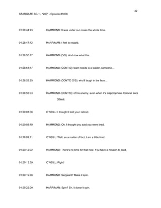 42
STARGATE SG-1 - "200" - Episode #1006




01:28:44:23         HAMMOND: It was under our noses the whole time.



01:28:47:12         HARRIMAN: I feel so stupid.



01:28:50:17         HAMMOND (O/S): And now what this…



01:28:51:17         HAMMOND (CONT’D): team needs is a leader, someone…



01:28:53:25         HAMMOND (CONT’D O/S): who'll laugh in the face…



01:28:55:03         HAMMOND (CONT’D): of his enemy, even when it's inappropriate. Colonel Jack

                              O'Neill.



01:29:01:08         O’NEILL: I thought I told you I retired.



01:29:03:10         HAMMOND: Oh. I thought you said you were tired.



01:29:09:11         O’NEILL: Well, as a matter of fact, I am a little tired.



01:29:12:02         HAMMOND: There's no time for that now. You have a mission to lead.



01:29:15:29         O’NEILL: Right!



01:29:19:08         HAMMOND: Sergeant? Make it spin.



01:29:22:00         HARRIMAN: Spin? Sir, it doesn't spin.
 