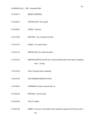 50
STARGATE SG-1 - "200" - Episode #1006


01:35:04:17         (BIRDS CHRIPING)



01:35:06:10         CARTER (O/S): This is great.



01:35:08:23         O’NEILL: I told you.



01:35:15:09         MITCHELL: Yup, it's good to be here.



01:35:18:15         O’NEILL: You weren't there.



01:35:21:23         MARTIN (O/S): So, what's the twist?



01:35:23:19         MARTIN (CONT’D): No fish? No, I need something with more impact, something

                             more... moving.



01:35:33:25         VALA: Everyone loves a wedding.



01:35:37:00         (THE WEDDING MARCH PLAYS)



01:35:48:25         HARRIMAN: It's just a summer cold, sir.



01:35:54:18         MITCHELL: A bit of a wait.



01:35:55:29         TEAL’C: Indeed.



01:36:01:09         DANIEL: You know, if she doesn't show, people are going to think that you and I

                             are...
 
