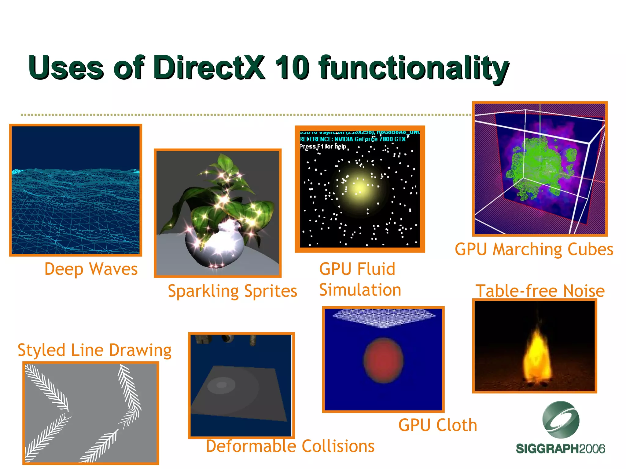 Uses of DirectX 10 functionality GPU Marching Cubes GPU Cloth Styled Line Drawing Deformable Collisions Sparkling Sprites Table-free Noise Deep Waves GPU Fluid Simulation 