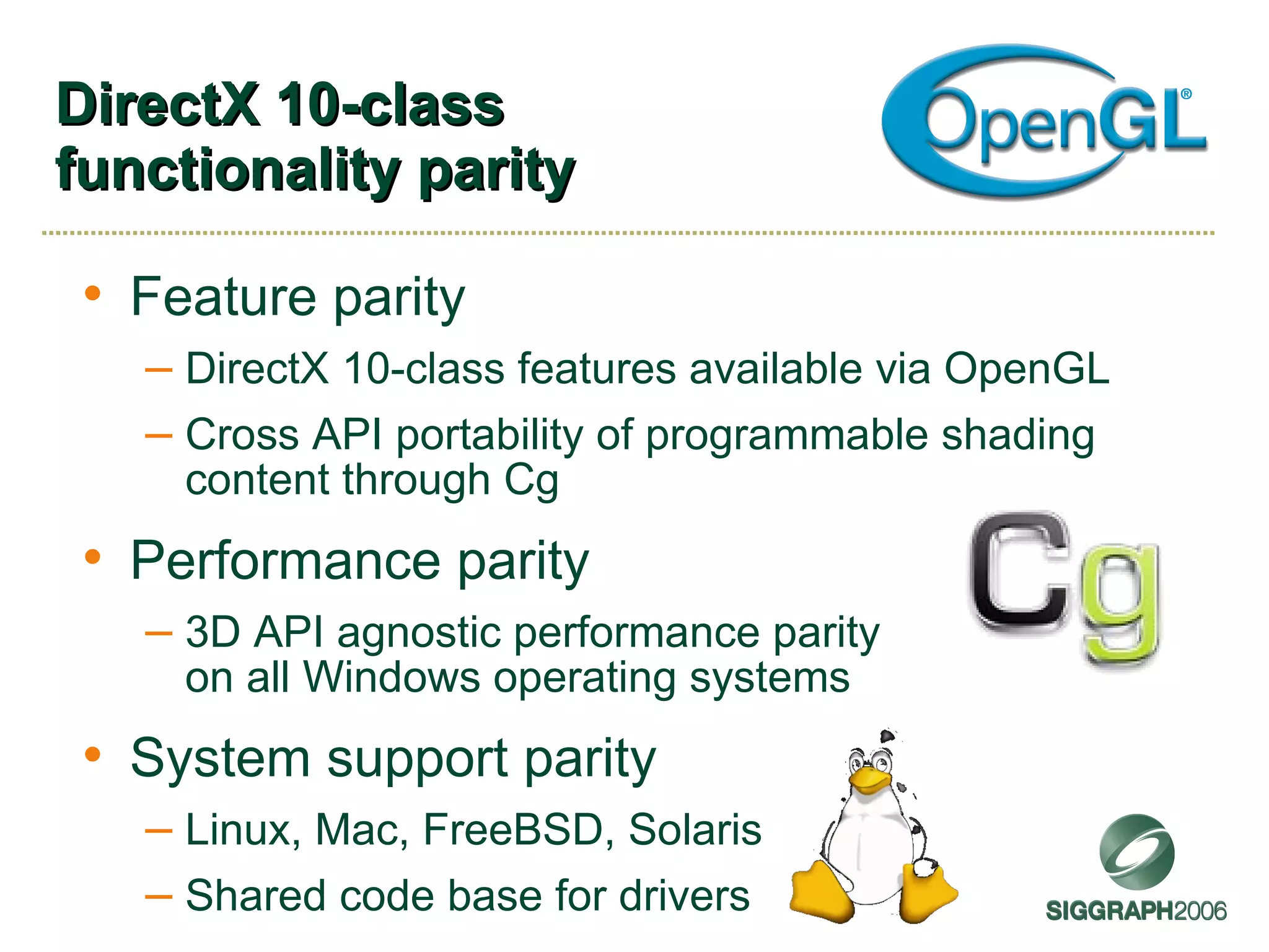 DirectX 10-class functionality parity Feature parity DirectX 10-class features available via OpenGL Cross API portability of programmable shading content through Cg Performance parity 3D API agnostic performance parity on all Windows operating systems System support parity Linux, Mac, FreeBSD, Solaris Shared code base for drivers 