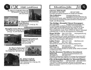 St. Mary’s Catholic Church
155 Market St. (map pg. 32)
(901)522-9420
Memphis Union Mission
282 Poplar Ave. (map pg. 33)
(info pg. 14) (901)522-8819
First Congregational
Church (info pg. 9)
1000 S. Cooper St.
(901)278-6786
St. John’s United
Methodist Church
1207 Peabody Ave. (map pg. 33)
(901)726-4104
Meal Locations
St. Vincent DePaul Society
Food Mission
1306 Monroe Ave. (map pg. 32)
(901)722-4703
St. Mary’s Episcopal
Cathedral (map pg. 34)
700 Poplar Ave. (901)527-3361
8
The Bridge: Memphis’ Street Newspaper
(901)-800-9245 info@thememphisbridge.com.
A monthly paper spotlighting issues of homelessness.
Vendors get 20 free papers & can buy more for 25 cents
each, selling them for $1.Vendors keep 100% of proﬁt.
Training sessions, every Thurs, 2PM at St. Mary’s, Episcopal
Cathedral (pg. 8, map 34.) No experience is necessary.
Hope Works (901)-272-3700 whyhopeworks.org
1930 Union Ave M-F 8:30 - 4:30 pm
13 week personal and career development class from M-F.
Also provides health and hygeine products every Tuesday.
Also has a GED program with referral.
Labor Force (901)-372-1004 laborforce.com
5021 Stage Rd. M-F 7am - 5pm
Assistance for people who are seeking employment.
Goodwill (901)323-6221 M-F 8am-5pm
6899 Stage Rd. goodwillmemphis.org
Trains and employs workers at rehab center, which is located
at 3830 Austin Peay
Phyllis Brunson Workforce Investment
Network workforceinvestmentnetwork.com
480 Beale St. (901)636-7971
Disability employment initiative to increase the employment
opportunities and self-sufﬁciency of people with disabilities.
City of Memphis/Shelby Co. Second Chance
1362 Mississippi Blvd. (901)222-4550 (901)545-0343
The Ofﬁce of Reentry provides service for individuals
seeking a second opportunity at gainful employment after a
felony conviction.
Literacy Mid-South
66 Cooper St. Suite 400 (901)327-6000
Provides educational programs for adults and families.
The Collective changeiscollective.org
(901)672-6573 apply@thememphiscollective.org
Serves young adults, ages 18-30 who have been out of work
and school by providing education/workforce development,
health, and life planning.
Education/Jobs 25
 