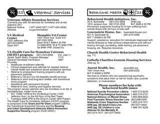 VA Health Care for Homeless Veterans
(HCHV) program. (901)-523-8990 Ext. (dial 1)
Jackie Taylor Mays, Program Manager 7112
General Homeless Information 5661
Provides:
• Healthcare enrollment referrals
• Clinical assessment and referrals for needed medical,
mental health and substance abuse assistance services
• Referral to employment training programs with job
placement potential.
• Referral to VA and non-VA disability beneﬁt services
• Referral to short and long-term shelter, with transitional
home program
• Assistance with permanent housing
• Referral to food, clothing and hygiene services
The program serves veterans who are homeless or at risk of
homelessness. Intake hours are:
• M-F 10AM-12PM at the VA Medical Center (1030
Jefferson Ave.) on the 4th ﬂoor of the Bed Tower.
• Tuesdays 9AM-2PM at the Drop-In Center (600 Poplar)
The Health Care for Homeless Veterans (HCHV) program
is composed of the Grant and Per Diem program (G&PD),
the Transitional Supported Housing and the Housing
and Urban Development-Veterans Affairs Permanent
Supportive Housing program (HUD-VASH.)
VA Medical
Center
1030 Jefferson Ave
(901)523-8990
Open 24/7
Memphis Vet Center
1407 Union Ave. Suite 410
(901)522-3950
Open M & F 8AM-4:30 PM
Tu 8AM-9PM, W & Th 8AM-7PM
Sa 8AM-1PM, Closed Su
Veterans’ Services12
Veterans Aﬀairs Homeless Services
Connects you with VA services for homeless and at-risk
veterans 24/7
National Hotline: 1-877-4AID-VET (1-877-424-3838)
Website: va.gov/homeless/
Church Health Center Behavioral Health
(pg. 17)
Behavioral Health Initiatives, Inc.
55 S. Barksdale (901)722-3668 bhillc.org
1816 Jackson Ave. (901)722-3558 M-F 8AM-4:30 PM
Permanent supportive housing for 8 men suffering from
mental illness with 24-hour on-site staff.
National Suicide Prevention Lifeline 1-800-273-8255
American Psychological Association 1-800-374-2721
National Alliance on Mental Illness 1-800-969-6642
Post-Traumatic Stress Disorder Line (802)296-6300
Statewide Crisis Telephone Number 1-855-274-7471
AHS (pg. 20) Adult Crisis Line (901)577-9400
AHS (pg. 20) Children’s Line 1-866-791-9226
Alliance for the Mentally Ill
(901)274-7477, (901)577-9400
Phone numbers for help with
behavioral health issues
Lowenstein House, Inc. lowensteinhouse.com
821 S. Barksdale St. (901)274-5486
M-F 7:30AM-4:30 PM
Support, assistance, education for individuals diagnosed with
mental illnesses to help achieve independence and self-suf-
ﬁciency through counseling, skills training, job placement,
housing, etc. Requires insurance.
Ascent Health, Inc. ascentlife.org
1407 Union Ave. (901)206-2222
M-F 8:30AM-4:30PM
Services to children who are experiencing psychiatric
symptoms that place them at risk for foster care, juvenile
detention, or incarceration.
Behavioral Health 21
Catholic Charities Genesis Housing Services
(See pg. 9)
 