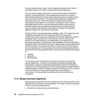 58 WebSphere Business Integration for SAP
the externalized inventor system, which is tightly connected with the Sales &
Distribution system, but is still an autonomous business application.
The next virtual component that acts in concert with the Sales & Distribution
system is the Assembly plant. The Assembly plant consists of a couple of
best-of-breed applications that are interconnected and act as a logical entity to
the surrounding environment. The Assembly plant application landscape is
historically grown and is tailored to fit specific supplier and production
requirements. Each supplier is connected in a proprietary manner. Neither
exchanged data formats nor access mechanisms follow an open industry
standard concept, but are implemented appropriately. Company B has no
common blueprint describing the relationship to a supplier but negotiated
different contracts with every partner individually.
Company B has a corporate groupware strategy in place. The workplaces of all
employees are located within the corporate intranet. The groupware
infrastructure drives a huge set of people-centric business applications that the
employees have to interact with in their daily job. Common services like
electronic mail, Web publishing, and collaboration rooms belong to the
groupware landscape. Corporate information databases as well as collaboration
capabilities help to increase the efficiency of frequent tasks. Various departments
like Procurement, Human Resources (HR), or Financing (FI) run their specific
business applications on this groupware infrastructure. Dedicated departments
that ensures that these applications follow certain internal standards with regard
to:
Usability
Operation
Maintainability
The company has an IT department to maintain and enhance all business
relevant applications. This group is responsible for evaluating leading-edge
technologies to justify the applicability and feasibility of these technologies to
support current business processes. Even though Company B is open-minded to
new technologies, the tight IT budget is always the limiting factor. Thus, the focus
is set more and more to lower the operation costs of the existing IT
environments. This should help free up funds that can be used to drive
innovations.
3.1.3 Merger business objectives
Both companies expect that they can complement each other and perform more
efficiently as one company in the marketplace. The merger of the two companies
is driven by various business factors:
Benefit from complementary product portfolios
 