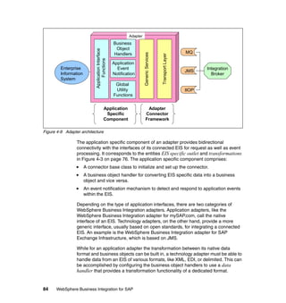 84 WebSphere Business Integration for SAP
Figure 4-9 Adapter architecture
The application specific component of an adapter provides bidirectional
connectivity with the interfaces of its connected EIS for request as well as event
processing. It corresponds to the entities EIS specific outlet and transformations
in Figure 4-3 on page 76. The application specific component comprises:
A connector base class to initialize and set up the connector.
A business object handler for converting EIS specific data into a business
object and vice versa.
An event notification mechanism to detect and respond to application events
within the EIS.
Depending on the type of application interfaces, there are two categories of
WebSphere Business Integration adapters. Application adapters, like the
WebSphere Business Integration adapter for mySAP.com, call the native
interface of an EIS. Technology adapters, on the other hand, provide a more
generic interface, usually based on open standards, for integrating a connected
EIS. An example is the WebSphere Business Integration adapter for SAP
Exchange Infrastructure, which is based on JMS.
While for an application adapter the transformation between its native data
format and business objects can be built in, a technology adapter must be able to
handle data from an EIS of various formats, like XML, EDI, or delimited. This can
be accomplished by configuring the business object handlers to use a data
handler that provides a transformation functionality of a dedicated format.
Adapter
Enterprise
Information
System
Integration
Broker
Integration
Broker
ApplicationInterface
Functions
Application
Event
Notification
Business
Object
Handlers
Business
Object
Handlers
Global
Utility
Functions
Global
Utility
Functions
TransportLayerTransportLayer
GenericServicesGenericServices
JMSJMS
IIOPIIOP
MQMQ
Application
Specific
Component
Adapter
Connector
Framework
 
