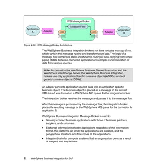 92 WebSphere Business Integration for SAP
Figure 4-16 WBI Message Broker Architecture
The WebSphere Business Integration brokers run time contains message flows,
which contain the message routing and transformation logic.The logic of a
message flow comprises static and dynamic routing of data, ranging from simple
piping of data between connected applications to complex synchronization of
data from various sources.
An adapter converts application specific data into an application specific
business object. The business object is placed as a message in the correct
XML-based wire format on a WebSphere MQ queue for the integration broker.
The integration broker receives the message and passes it to the message flow.
After the message is processed by the message flow, the integration broker
places the resulting message on the WebSphere MQ queue for the connector for
application B.
WebSphere Business Integration Message Broker is used to:
Securely connect business applications with those of business partners,
suppliers, and customers.
Exchange information between applications regardless of the information
format, the platforms on which the applications are installed, and the
geographical locations and time zones of the applications.
Integrate dissimilar computer systems that an organization owns as a result
of mergers and acquisitions.
Application
A Adapter Application
BAdapter
Message Flow
ASBO ASBO
WBI Message Broker
Note: In contrast to the WebSphere Business Server Foundation and the
WebSphere InterChange Server, the WebSphere Business Integration
brokers use only application Specific business objects (ASBOs) and not
generic business objects (GBOs).
 