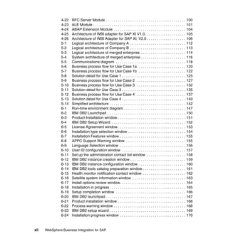 xii WebSphere Business Integration for SAP
4-22 RFC Server Module . . . . . . . . . . . . . . . . . . . . . . . . . . . . . . . . . . . . . . . 100
4-23 ALE Module . . . . . . . . . . . . . . . . . . . . . . . . . . . . . . . . . . . . . . . . . . . . . 101
4-24 ABAP Extension Module . . . . . . . . . . . . . . . . . . . . . . . . . . . . . . . . . . . 104
4-25 Architecture of WBI adapter for SAP XI V1.0. . . . . . . . . . . . . . . . . . . . 105
4-26 Architecture of WBI Adapter for SAP XI, V2.0 . . . . . . . . . . . . . . . . . . . 106
5-1 Logical architecture of Company A . . . . . . . . . . . . . . . . . . . . . . . . . . . 112
5-2 Logical architecture of Company B . . . . . . . . . . . . . . . . . . . . . . . . . . . 113
5-3 Logical architecture of merged enterprise . . . . . . . . . . . . . . . . . . . . . . 114
5-4 System architecture of merged enterprise . . . . . . . . . . . . . . . . . . . . . . 116
5-5 Communications diagram . . . . . . . . . . . . . . . . . . . . . . . . . . . . . . . . . . 118
5-6 Business process flow for Use Case 1a . . . . . . . . . . . . . . . . . . . . . . . 120
5-7 Business process flow for Use Case 1b . . . . . . . . . . . . . . . . . . . . . . . 122
5-8 Solution detail for Use Case 1 . . . . . . . . . . . . . . . . . . . . . . . . . . . . . . . 125
5-9 Business process flow for Use Case 2 . . . . . . . . . . . . . . . . . . . . . . . . 127
5-10 Business process flow for Use Case 3 . . . . . . . . . . . . . . . . . . . . . . . . 132
5-11 Solution detail for Use Case 3 . . . . . . . . . . . . . . . . . . . . . . . . . . . . . . . 135
5-12 Business process flow for Use Case 4 . . . . . . . . . . . . . . . . . . . . . . . . 137
5-13 Solution detail for Use Case 4 . . . . . . . . . . . . . . . . . . . . . . . . . . . . . . . 140
5-14 Simplified architecture . . . . . . . . . . . . . . . . . . . . . . . . . . . . . . . . . . . . . 142
6-1 Run-time environment diagram . . . . . . . . . . . . . . . . . . . . . . . . . . . . . . 147
6-2 IBM DB2 Launchpad . . . . . . . . . . . . . . . . . . . . . . . . . . . . . . . . . . . . . . 150
6-3 Product Installation window . . . . . . . . . . . . . . . . . . . . . . . . . . . . . . . . . 151
6-4 IBM DB2 Setup Wizard . . . . . . . . . . . . . . . . . . . . . . . . . . . . . . . . . . . . 152
6-5 License Agreement window . . . . . . . . . . . . . . . . . . . . . . . . . . . . . . . . . 153
6-6 Installation type selection window . . . . . . . . . . . . . . . . . . . . . . . . . . . . 154
6-7 Installation Features window . . . . . . . . . . . . . . . . . . . . . . . . . . . . . . . . 155
6-8 APPC Support Warning window . . . . . . . . . . . . . . . . . . . . . . . . . . . . . 155
6-9 Language Selection window . . . . . . . . . . . . . . . . . . . . . . . . . . . . . . . . 156
6-10 User ID configuration window . . . . . . . . . . . . . . . . . . . . . . . . . . . . . . . 157
6-11 Set up the administration contact list window . . . . . . . . . . . . . . . . . . . 158
6-12 IBM DB2 instance creation window . . . . . . . . . . . . . . . . . . . . . . . . . . . 159
6-13 IBM DB2 instance configuration window . . . . . . . . . . . . . . . . . . . . . . . 160
6-14 IBM DB2 tools catalog preparation window . . . . . . . . . . . . . . . . . . . . . 161
6-15 Health monitor notification contact window . . . . . . . . . . . . . . . . . . . . . 162
6-16 Satellite system information window . . . . . . . . . . . . . . . . . . . . . . . . . . 163
6-17 Install options review window. . . . . . . . . . . . . . . . . . . . . . . . . . . . . . . . 164
6-18 Installation in progress . . . . . . . . . . . . . . . . . . . . . . . . . . . . . . . . . . . . . 165
6-19 Setup completion window . . . . . . . . . . . . . . . . . . . . . . . . . . . . . . . . . . 166
6-20 IBM DB2 launchpad . . . . . . . . . . . . . . . . . . . . . . . . . . . . . . . . . . . . . . . 167
6-21 Product installation window . . . . . . . . . . . . . . . . . . . . . . . . . . . . . . . . . 168
6-22 Process warning window . . . . . . . . . . . . . . . . . . . . . . . . . . . . . . . . . . . 168
6-23 IBM DB2 setup wizard . . . . . . . . . . . . . . . . . . . . . . . . . . . . . . . . . . . . . 169
6-24 Installation progress window . . . . . . . . . . . . . . . . . . . . . . . . . . . . . . . . 170
 