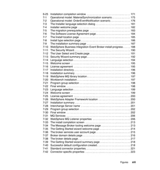 Figures xiii
6-25 Installation completion window . . . . . . . . . . . . . . . . . . . . . . . . . . . . . . 171
7-1 Operational model: MaterialSynchronization scenario. . . . . . . . . . . . . 175
7-2 Operational model: OrderEventNotification scenario. . . . . . . . . . . . . . 176
7-3 The Installer language selection dialog . . . . . . . . . . . . . . . . . . . . . . . . 181
7-4 Installer welcome page . . . . . . . . . . . . . . . . . . . . . . . . . . . . . . . . . . . . 182
7-5 The migration prerequisites page . . . . . . . . . . . . . . . . . . . . . . . . . . . . 183
7-6 The Software License Agreement page. . . . . . . . . . . . . . . . . . . . . . . . 184
7-7 The Install location page . . . . . . . . . . . . . . . . . . . . . . . . . . . . . . . . . . . 185
7-8 Install type selection page . . . . . . . . . . . . . . . . . . . . . . . . . . . . . . . . . . 186
7-9 The installation summary page . . . . . . . . . . . . . . . . . . . . . . . . . . . . . . 187
7-10 WebSphere Business Integration Event Broker install progress . . . . . 188
7-11 The Security Wizard. . . . . . . . . . . . . . . . . . . . . . . . . . . . . . . . . . . . . . . 190
7-12 The User Select and Create page . . . . . . . . . . . . . . . . . . . . . . . . . . . . 191
7-13 Security Wizard summary page . . . . . . . . . . . . . . . . . . . . . . . . . . . . . . 192
7-14 Language selection . . . . . . . . . . . . . . . . . . . . . . . . . . . . . . . . . . . . . . . 194
7-15 Welcome screen . . . . . . . . . . . . . . . . . . . . . . . . . . . . . . . . . . . . . . . . . 195
7-16 License agreement . . . . . . . . . . . . . . . . . . . . . . . . . . . . . . . . . . . . . . . 195
7-17 Installation directory . . . . . . . . . . . . . . . . . . . . . . . . . . . . . . . . . . . . . . . 196
7-18 Installation summary . . . . . . . . . . . . . . . . . . . . . . . . . . . . . . . . . . . . . . 196
7-19 WebSphere MQ library location . . . . . . . . . . . . . . . . . . . . . . . . . . . . . . 197
7-20 Workbench installation. . . . . . . . . . . . . . . . . . . . . . . . . . . . . . . . . . . . . 197
7-21 Program group selection . . . . . . . . . . . . . . . . . . . . . . . . . . . . . . . . . . . 198
7-22 Final window . . . . . . . . . . . . . . . . . . . . . . . . . . . . . . . . . . . . . . . . . . . . 198
7-23 Language selection . . . . . . . . . . . . . . . . . . . . . . . . . . . . . . . . . . . . . . . 199
7-24 Welcome screen . . . . . . . . . . . . . . . . . . . . . . . . . . . . . . . . . . . . . . . . . 199
7-25 License agreement . . . . . . . . . . . . . . . . . . . . . . . . . . . . . . . . . . . . . . . 200
7-26 WebSphere Adapter Framework location . . . . . . . . . . . . . . . . . . . . . . 200
7-27 Installation summary . . . . . . . . . . . . . . . . . . . . . . . . . . . . . . . . . . . . . . 201
7-28 Interchange Server name . . . . . . . . . . . . . . . . . . . . . . . . . . . . . . . . . . 201
7-29 Program group selection . . . . . . . . . . . . . . . . . . . . . . . . . . . . . . . . . . . 202
7-30 Final window . . . . . . . . . . . . . . . . . . . . . . . . . . . . . . . . . . . . . . . . . . . . 202
7-31 MQ Services . . . . . . . . . . . . . . . . . . . . . . . . . . . . . . . . . . . . . . . . . . . . 206
7-32 WebSphere MQ Listener properties . . . . . . . . . . . . . . . . . . . . . . . . . . 206
7-33 The install completion screen . . . . . . . . . . . . . . . . . . . . . . . . . . . . . . . 213
7-34 The Message Broker tooling welcome page . . . . . . . . . . . . . . . . . . . . 213
7-35 The Getting Started wizard welcome page . . . . . . . . . . . . . . . . . . . . . 214
7-36 The broker services user account page. . . . . . . . . . . . . . . . . . . . . . . . 215
7-37 Broker domain details page . . . . . . . . . . . . . . . . . . . . . . . . . . . . . . . . . 216
7-38 The broker details page . . . . . . . . . . . . . . . . . . . . . . . . . . . . . . . . . . . . 217
7-39 The Getting Started wizard summary page . . . . . . . . . . . . . . . . . . . . . 218
7-40 Successful default configuration created . . . . . . . . . . . . . . . . . . . . . . . 218
7-41 Standard connector properties. . . . . . . . . . . . . . . . . . . . . . . . . . . . . . . 221
7-42 Connector specific properties . . . . . . . . . . . . . . . . . . . . . . . . . . . . . . . 223
 