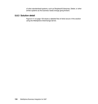 134 WebSphere Business Integration for SAP
of other standardized systems, such as Peoplesoft Enterprise, Siebel, or other
similar systems as the business needs change going forward.
5.8.3 Solution detail
Figure 5-11 on page 135 shows a detailed flow of what occurs in this solution
using the WebSphere InterChange Server.
 