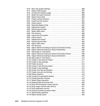 xviii WebSphere Business Integration for SAP
8-76 New user project settings. . . . . . . . . . . . . . . . . . . . . . . . . . . . . . . . . . . 386
8-77 Deploy WAS project. . . . . . . . . . . . . . . . . . . . . . . . . . . . . . . . . . . . . . . 387
8-78 Component selection page . . . . . . . . . . . . . . . . . . . . . . . . . . . . . . . . . 388
8-79 Select the export directory . . . . . . . . . . . . . . . . . . . . . . . . . . . . . . . . . . 389
8-80 Select Import data . . . . . . . . . . . . . . . . . . . . . . . . . . . . . . . . . . . . . . . . 390
8-81 Project content directory . . . . . . . . . . . . . . . . . . . . . . . . . . . . . . . . . . . 391
8-82 Import from file system. . . . . . . . . . . . . . . . . . . . . . . . . . . . . . . . . . . . . 392
8-83 Import wizard . . . . . . . . . . . . . . . . . . . . . . . . . . . . . . . . . . . . . . . . . . . . 393
8-84 Generate Deploy Code . . . . . . . . . . . . . . . . . . . . . . . . . . . . . . . . . . . . 394
8-85 Deployment wizard . . . . . . . . . . . . . . . . . . . . . . . . . . . . . . . . . . . . . . . 395
8-86 Inbound service files . . . . . . . . . . . . . . . . . . . . . . . . . . . . . . . . . . . . . . 396
8-87 Select JNDI name . . . . . . . . . . . . . . . . . . . . . . . . . . . . . . . . . . . . . . . . 397
8-88 File structure . . . . . . . . . . . . . . . . . . . . . . . . . . . . . . . . . . . . . . . . . . . . 398
8-89 Import from file system. . . . . . . . . . . . . . . . . . . . . . . . . . . . . . . . . . . . . 399
8-90 Import wizard . . . . . . . . . . . . . . . . . . . . . . . . . . . . . . . . . . . . . . . . . . . . 400
8-91 Deployment wizard . . . . . . . . . . . . . . . . . . . . . . . . . . . . . . . . . . . . . . . 401
8-92 Inbound service files . . . . . . . . . . . . . . . . . . . . . . . . . . . . . . . . . . . . . . 402
8-93 Select JNDI name . . . . . . . . . . . . . . . . . . . . . . . . . . . . . . . . . . . . . . . . 403
8-94 File structure . . . . . . . . . . . . . . . . . . . . . . . . . . . . . . . . . . . . . . . . . . . . 404
8-95 Adjust reference binding for Queue Connection factory . . . . . . . . . . . 405
8-96 Adjust reference binding for Queue Destination . . . . . . . . . . . . . . . . . 406
8-97 Add project to Test Server . . . . . . . . . . . . . . . . . . . . . . . . . . . . . . . . . . 407
8-98 Adjust reference binding for Queue Connection factory . . . . . . . . . . . 408
8-99 Adjust reference binding for Queue Destination . . . . . . . . . . . . . . . . . 409
8-100 Add project to Test Server . . . . . . . . . . . . . . . . . . . . . . . . . . . . . . . . . . 410
8-101 Create a new Service Project . . . . . . . . . . . . . . . . . . . . . . . . . . . . . . . 411
8-102 Create a new package . . . . . . . . . . . . . . . . . . . . . . . . . . . . . . . . . . . . . 411
8-103 Folder structure . . . . . . . . . . . . . . . . . . . . . . . . . . . . . . . . . . . . . . . . . . 412
8-104 Create a new Service project. . . . . . . . . . . . . . . . . . . . . . . . . . . . . . . . 413
8-105 Create a new package . . . . . . . . . . . . . . . . . . . . . . . . . . . . . . . . . . . . . 413
8-106 Create new Service Skeleton. . . . . . . . . . . . . . . . . . . . . . . . . . . . . . . . 414
8-107 Create new port and binding . . . . . . . . . . . . . . . . . . . . . . . . . . . . . . . . 415
8-108 Define locations . . . . . . . . . . . . . . . . . . . . . . . . . . . . . . . . . . . . . . . . . . 416
8-109 Location for generated classes . . . . . . . . . . . . . . . . . . . . . . . . . . . . . . 417
8-110 Create Business Process. . . . . . . . . . . . . . . . . . . . . . . . . . . . . . . . . . . 418
8-111 Select Output operation . . . . . . . . . . . . . . . . . . . . . . . . . . . . . . . . . . . . 419
8-112 Expand external services tree . . . . . . . . . . . . . . . . . . . . . . . . . . . . . . . 420
8-113 Drop HR Information Lookup service. . . . . . . . . . . . . . . . . . . . . . . . . . 420
8-114 Drop create internal order service . . . . . . . . . . . . . . . . . . . . . . . . . . . . 421
8-115 Drop Notification service . . . . . . . . . . . . . . . . . . . . . . . . . . . . . . . . . . . 421
8-116 Connect business process nodes . . . . . . . . . . . . . . . . . . . . . . . . . . . . 422
8-117 Staff activity properties. . . . . . . . . . . . . . . . . . . . . . . . . . . . . . . . . . . . . 422
8-118 Select activity owner . . . . . . . . . . . . . . . . . . . . . . . . . . . . . . . . . . . . . . 423
 