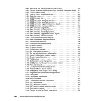 xxii WebSphere Business Integration for SAP
9-94 Map name and mapping direction specification. . . . . . . . . . . . . . . . . . 526
9-95 Generic_Business_Object to sap_bapi_material_availability_object. . 527
9-96 Create new connector . . . . . . . . . . . . . . . . . . . . . . . . . . . . . . . . . . . . . 527
9-97 New connector template selection . . . . . . . . . . . . . . . . . . . . . . . . . . . . 528
9-98 Open file menu. . . . . . . . . . . . . . . . . . . . . . . . . . . . . . . . . . . . . . . . . . . 528
9-99 JDBC template file . . . . . . . . . . . . . . . . . . . . . . . . . . . . . . . . . . . . . . . . 529
9-100 JDBC connector specific properties. . . . . . . . . . . . . . . . . . . . . . . . . . . 530
9-101 JDBC connector specific properties. . . . . . . . . . . . . . . . . . . . . . . . . . . 531
9-102 JDBC connector supported business objects . . . . . . . . . . . . . . . . . . . 531
9-103 JDBC connector map associations . . . . . . . . . . . . . . . . . . . . . . . . . . . 532
9-104 SAP connector template file. . . . . . . . . . . . . . . . . . . . . . . . . . . . . . . . . 532
9-105 SAP connector-specific properties. . . . . . . . . . . . . . . . . . . . . . . . . . . . 533
9-106 SAP connector standard properties . . . . . . . . . . . . . . . . . . . . . . . . . . . 534
9-107 SAP connector supported business objects . . . . . . . . . . . . . . . . . . . . 535
9-108 SAP connector map associations . . . . . . . . . . . . . . . . . . . . . . . . . . . . 535
9-109 Create new collaboration template . . . . . . . . . . . . . . . . . . . . . . . . . . . 535
9-110 New collaboration template creation . . . . . . . . . . . . . . . . . . . . . . . . . . 536
9-111 Edit template definitions. . . . . . . . . . . . . . . . . . . . . . . . . . . . . . . . . . . . 536
9-112 Port creation and assignments . . . . . . . . . . . . . . . . . . . . . . . . . . . . . . 536
9-113 Scenario creation . . . . . . . . . . . . . . . . . . . . . . . . . . . . . . . . . . . . . . . . . 537
9-114 Scenario naming . . . . . . . . . . . . . . . . . . . . . . . . . . . . . . . . . . . . . . . . . 537
9-115 Collaboration scenario . . . . . . . . . . . . . . . . . . . . . . . . . . . . . . . . . . . . . 538
9-116 Set collaboration target port. . . . . . . . . . . . . . . . . . . . . . . . . . . . . . . . . 539
9-117 Set scenario that triggers collaboration . . . . . . . . . . . . . . . . . . . . . . . . 539
9-118 Launch collaboration creation wizard. . . . . . . . . . . . . . . . . . . . . . . . . . 540
9-119 Create new collaboration . . . . . . . . . . . . . . . . . . . . . . . . . . . . . . . . . . . 541
9-120 Port bindings . . . . . . . . . . . . . . . . . . . . . . . . . . . . . . . . . . . . . . . . . . . . 542
9-121 Collaboration general properties . . . . . . . . . . . . . . . . . . . . . . . . . . . . . 543
9-122 WebSphere InterChange Server project creation . . . . . . . . . . . . . . . . 544
9-123 New user project . . . . . . . . . . . . . . . . . . . . . . . . . . . . . . . . . . . . . . . . . 544
9-124 Location of PerstentNameServer.bat. . . . . . . . . . . . . . . . . . . . . . . . . . 545
9-125 Persistent Name Server startup. . . . . . . . . . . . . . . . . . . . . . . . . . . . . . 545
9-126 WebSphere InterChange Server startup . . . . . . . . . . . . . . . . . . . . . . . 545
9-127 Register a WebSphere InterChange Server . . . . . . . . . . . . . . . . . . . . 546
9-128 Deployment . . . . . . . . . . . . . . . . . . . . . . . . . . . . . . . . . . . . . . . . . . . . . 547
9-129 Deployment confirmation . . . . . . . . . . . . . . . . . . . . . . . . . . . . . . . . . . . 547
9-130 Map compilation. . . . . . . . . . . . . . . . . . . . . . . . . . . . . . . . . . . . . . . . . . 548
9-131 Collaboration template compilation . . . . . . . . . . . . . . . . . . . . . . . . . . . 548
9-132 RFC destinations . . . . . . . . . . . . . . . . . . . . . . . . . . . . . . . . . . . . . . . . . 549
9-133 RFC destination creation . . . . . . . . . . . . . . . . . . . . . . . . . . . . . . . . . . . 550
9-134 SAP function module selection screen . . . . . . . . . . . . . . . . . . . . . . . . 551
9-135 Test function module . . . . . . . . . . . . . . . . . . . . . . . . . . . . . . . . . . . . . . 551
9-136 Results received as Export parameters . . . . . . . . . . . . . . . . . . . . . . . . 552
 