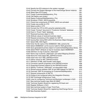 xxiv WebSphere Business Integration for SAP
10-44 Specify the ICS instance to the system manager . . . . . . . . . . . . . . . . 590
10-45 Connect the System Manager to the InterChange Server instance. . . 591
10-46 Select New ICS Project . . . . . . . . . . . . . . . . . . . . . . . . . . . . . . . . . . . . 591
10-47 Create CustomerDataRepostory_Proj . . . . . . . . . . . . . . . . . . . . . . . . . 591
10-48 Call Deploy user project. . . . . . . . . . . . . . . . . . . . . . . . . . . . . . . . . . . . 592
10-49 Deploy CustomerDataRepository_Proj . . . . . . . . . . . . . . . . . . . . . . . . 592
10-50 Shutdown ITSOC_WICS gracefully . . . . . . . . . . . . . . . . . . . . . . . . . . . 593
10-51 Check that components of ITSOC_WICS are activated . . . . . . . . . . . 593
10-52 Create new profile for VTC . . . . . . . . . . . . . . . . . . . . . . . . . . . . . . . . . 594
10-53 Select profile in VTC . . . . . . . . . . . . . . . . . . . . . . . . . . . . . . . . . . . . . . 594
10-54 Connect the VTC to ICS using the selected profile . . . . . . . . . . . . . . . 595
10-55 Create “Contact” document in “Customer Contacts” database . . . . . . 596
10-56 Event in “Event Table” database . . . . . . . . . . . . . . . . . . . . . . . . . . . . . 596
10-57 Received business object in VTC . . . . . . . . . . . . . . . . . . . . . . . . . . . . 597
10-58 Attribute values of received business object . . . . . . . . . . . . . . . . . . . . 597
10-59 Request processing of the adapter for SAP XI . . . . . . . . . . . . . . . . . . 598
10-60 Issuing New Using ODA within the Business Object Designer . . . . . . 600
10-61 Select XML ODA Agent . . . . . . . . . . . . . . . . . . . . . . . . . . . . . . . . . . . . 600
10-62 Enter the file name of the DEBMAS01 XML schema file . . . . . . . . . . . 601
10-63 Select DEBMAS01 as the source node for ODA generation . . . . . . . . 601
10-64 Save generated business object to CustomerDateRepository library . 601
10-65 Select ROOT attribute as key for business object DEBMAS01 . . . . . . 602
10-66 Definition of map Customer_Debmas01 . . . . . . . . . . . . . . . . . . . . . . . 603
10-67 Name map Customer_Debmas01 and select Mapping Direction . . . . 604
10-68 Name the meta-object MO_SAPXIConnector . . . . . . . . . . . . . . . . . . . 605
10-69 Insert new row in MO_SAPXIConnector . . . . . . . . . . . . . . . . . . . . . . . 605
10-70 Define values for MO_SAPXIConnector . . . . . . . . . . . . . . . . . . . . . . . 605
10-71 Definition of XML data-handler meta-object. . . . . . . . . . . . . . . . . . . . . 607
10-72 Connector specific properties of the SAPXIConnector . . . . . . . . . . . . 608
10-73 Supported business objects for the SAPXIConnector . . . . . . . . . . . . . 609
10-74 Specify “Customer_Debmas01” as associated maps . . . . . . . . . . . . . 609
10-75 Shared queues between SAP XI and WBI Adapter for SAP XI . . . . . . 610
10-76 Overview: SAP XI processing for CustomerDataRepository . . . . . . . . 611
10-77 General components of SAP XI . . . . . . . . . . . . . . . . . . . . . . . . . . . . . . 612
10-78 Entities to be configured within the Integration Directory. . . . . . . . . . . 613
10-79 SAP Exchange Infrastructure Tools. . . . . . . . . . . . . . . . . . . . . . . . . . . 615
10-80 Links for configuring Technical and Business Landscape in SLD . . . . 615
10-81 New technical system type Web AS ABAP . . . . . . . . . . . . . . . . . . . . . 616
10-82 Technical System Wizard for registering R/3 back end . . . . . . . . . . . . 616
10-83 Register Software in SLD. . . . . . . . . . . . . . . . . . . . . . . . . . . . . . . . . . . 617
10-84 New technical system of type Third-Party . . . . . . . . . . . . . . . . . . . . . . 617
10-85 Technical System Wizard for registering InterChange Server . . . . . . . 617
10-86 New Business System . . . . . . . . . . . . . . . . . . . . . . . . . . . . . . . . . . . . . 618
 