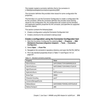 Chapter 7. Use Case 1: WBIMB using WBI Adapter for mySAP.com 219
The installer loaded a connector definition file for the connector in
c:WebSphereAdaptersconnectorsrepositorySAP.
The connector definition file provides initial values for some configuration file
properties.
The first step is to use the Connector Configurator to create a configuration file
for the connector. While the connector definition file provides some starting
values for the configuration file, the configuration file contains all the standard
and application-specific properties for the connector, and specifies its supported
business objects.
This section contains the following tasks:
Create a configuration using the Connector Configurator tool
Create a shortcut to the connector’s startup script
Create a configuration using the Connector Configurator tool
1. Start the Connector Configurator by selecting Start → Programs → IBM
WebSphere Business Integration Adapters → Tools → Connector
Configurator.
2. Select Open → From File.
3. Navigate to the connector’s repository directory and open the file CN_SAP.txt.
4. Fill in the standard properties shown in Table 7-7 and Figure 7-41 on
page 221.
Table 7-7 Standard connector properties
Property Value
AdminInQueue SAPCONNECTOR/ADMININQUEUE
AdminOutQueue SAPCONNECTOR/ADMOUTQUEUE
AgentTraceLevel 5
ApplicationName SAPConnector
BrokerType WMQI
Character Encoding ascii7
ContainerManagedEvents
DeliveryQueue SAPCONNECTOR/DELIVERYQUEUE
DeliveryTransport JMS
 