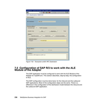 236 WebSphere Business Integration for SAP
Figure 7-50 Transaction sm59: RFC Destination
7.5 Configuration of SAP R/3 to work with the ALE
Module of the Adapter
The SAP application must be configured to work with the ALE Module of the
Adapter for mySAP.com. This section describes, step-by-step, the configuration
of ALE.
The SAP configuration must be done twice: for the inbound and the outbound
SAP applications. Most of the configuration steps are the same. There is a
difference in the configuration of the distribution model between the inbound and
the outbound SAP application.
 