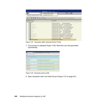 240 WebSphere Business Integration for SAP
Figure 7-55 Transaction bd64: Generate Partner Profile
7. The summary is displayed (Figure 7-56). Note that a port was generated
automatically.
Figure 7-56 Generate partner profile
8. Open transaction we21 and check the port (Figure 7-57 on page 241).
 
