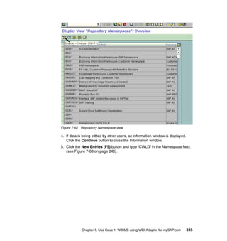 Chapter 7. Use Case 1: WBIMB using WBI Adapter for mySAP.com 245
Figure 7-62 Repository Namespace view
4. If data is being edited by other users, an information window is displayed.
Click the Continue button to close the Information window.
5. Click the New Entries (F5) button and type /CWLD/ in the Namespace field.
(see Figure 7-63 on page 246).
 