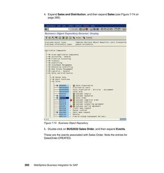 260 WebSphere Business Integration for SAP
4. Expand Sales and Distribution, and then expand Sales (see Figure 7-74 on
page 260).
Figure 7-74 Business Object Repository
5. Double-click on BUS2032 Sales Order, and then expand Events.
These are the events associated with Sales Order. Note the entries for
SalesOrder.CREATED.
 