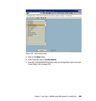 Chapter 7. Use Case 1: WBIMB using WBI Adapter for mySAP.com 269
Figure 7-83 Add business object
5. Click on the Back button.
6. In the Tools tab, click on Config Objects.
7. Enter BO_EVENTRIGGER.Retrieve under the Configuration name and save
it (see Figure 7-84 on page 270).
 