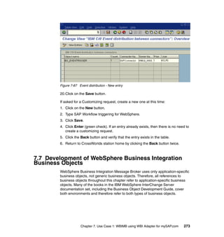 Chapter 7. Use Case 1: WBIMB using WBI Adapter for mySAP.com 273
Figure 7-87 Event distribution - New entry
20.Click on the Save button.
If asked for a Customizing request, create a new one at this time:
1. Click on the New button.
2. Type SAP Workflow triggering for WebSphere.
3. Click Save.
4. Click Enter (green check). If an entry already exists, then there is no need to
create a customizing request.
5. Click the Back button and verify that the entry exists in the table.
6. Return to CrossWorlds station home by clicking the Back button twice.
7.7 Development of WebSphere Business Integration
Business Objects
WebSphere Business Integration Message Broker uses only application-specific
business objects, not generic business objects. Therefore, all references to
business objects throughout this chapter refer to application-specific business
objects. Many of the books in the IBM WebSphere InterChange Server
documentation set, including the Business Object Development Guide, cover
both environments and therefore refer to both types of business objects.
 