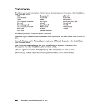 xxx WebSphere Business Integration for SAP
Trademarks
The following terms are trademarks of the International Business Machines Corporation in the United States,
other countries, or both:
AIX®
CrossWorlds®
DB2®
DB2 Universal Database™
Domino®
Domino Designer®
e-business on demand™
Eserver®
Eserver®
Everyplace®
Holosofx®
IBM®
ibm.com®
Lotus®
Lotus Notes®
MQSeries®
Notes®
Parallel Sysplex®
pSeries®
Rational®
Redbooks™
Redbooks (logo) ™
Sametime®
Tivoli®
WebSphere®
z/OS®
The following terms are trademarks of other companies:
Intel Inside (logos) and Pentium are trademarks of Intel Corporation in the United States, other countries, or
both.
Microsoft, Windows, and the Windows logo are trademarks of Microsoft Corporation in the United States,
other countries, or both.
Java and all Java-based trademarks and logos are trademarks or registered trademarks of Sun
Microsystems, Inc. in the United States, other countries, or both.
UNIX is a registered trademark of The Open Group in the United States and other countries.
Other company, product, and service names may be trademarks or service marks of others.
 