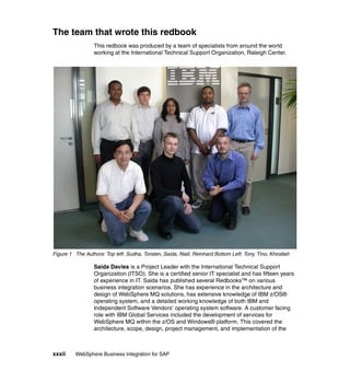 xxxii WebSphere Business Integration for SAP
The team that wrote this redbook
This redbook was produced by a team of specialists from around the world
working at the International Technical Support Organization, Raleigh Center.
Figure 1 The Authors: Top left: Sudha, Torsten, Saida, Niall, Reinhard Bottom Left: Tony, Tino, Khirallah
Saida Davies is a Project Leader with the International Technical Support
Organization (ITSO). She is a certified senior IT specialist and has fifteen years
of experience in IT. Saida has published several Redbooks™ on various
business integration scenarios. She has experience in the architecture and
design of WebSphere MQ solutions, has extensive knowledge of IBM z/OS®
operating system, and a detailed working knowledge of both IBM and
Independent Software Vendors’ operating system software. A customer facing
role with IBM Global Services included the development of services for
WebSphere MQ within the z/OS and Windows® platform. This covered the
architecture, scope, design, project management, and implementation of the
 