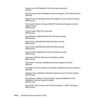 xxxvi WebSphere Business Integration for SAP
Holger Kunitz, SAP NetWeaver RIG, Exchange Infrastructure
SAP AG
Anthony Lowry, Certified WebSphere Business Integration Tech Sales Specialist
IBM USA
Morgan D Nerriec, WebSphere Business Integration Level 2 Customer Support
IBM Germany
Hans Joachim Dresen, Manager, IBM SAP International Competence Center
Systems Group
IBM Germany
Herbert Diether, SAP R/3 on pSeries®
IBM Germany
Daniel Malhotra, IBM AMS World Wide SAP Beta Test Site
IBM Germany
Ralph Voelter, IBM AMS World Wide SAP Beta Test Site
IBM Germany
Rainer Gallus, IBM AMS World Wide SAP Beta Test Site
IBM Germany
Herbert Diether, IBM SAP International Competence Center
IBM Germany
Carol Davis, IBM SAP International Competence Center
IBM Germany
Steve Hellin, IT Architect, WebSphere Business Integration Services
IBM USA
Tom Reed, Curriculum Development Manager, WebSphere Business Integration
IBM USA
Wolfgang Preiss, WebSphere Business Integration Level 2 Customer Support
IBM Germany
Olaf Hoffmann, Software Technical Support Specialist WebSphere ICS &
WebSphere Business Integration Adapter
IBM Germany
Rainer Staib, Leiter Practice Area TS Communications / mySAP Technology
IBM Germany
 