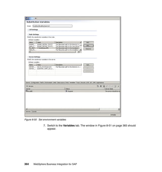 364 WebSphere Business Integration for SAP
Figure 8-50 Set environment variables
7. Switch to the Variables tab. The window in Figure 8-51 on page 365 should
appear.
 