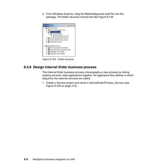 412 WebSphere Business Integration for SAP
3. From Windows Explorer, drag the MaterialApproval.wsdl file into this
package. The folder structure should look like Figure 8-103.
Figure 8-103 Folder structure
8.4.8 Design Internal Order business process
The Internal Order business process choreographs a new process by linking
existing services’ style applications together. An application flow defines in which
sequence the external services are called.
1. Create a Service project and name it InternalOrderProcess_Service (see
Figure 8-104 on page 413).
 