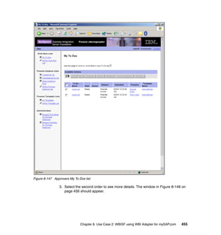 Chapter 8. Use Case 2: WBISF using WBI Adapter for mySAP.com 455
Figure 8-147 Approvers My To Dos list
3. Select the second order to see more details. The window in Figure 8-148 on
page 456 should appear.
 