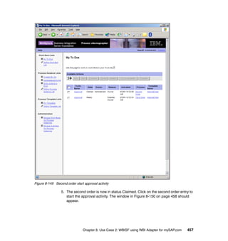 Chapter 8. Use Case 2: WBISF using WBI Adapter for mySAP.com 457
Figure 8-149 Second order start approval activity
5. The second order is now in status Claimed. Click on the second order entry to
start the approval activity. The window in Figure 8-150 on page 458 should
appear.
 