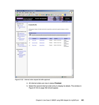 Chapter 8. Use Case 2: WBISF using WBI Adapter for mySAP.com 461
Figure 8-152 Internal order request list after approval
4. All internal orders are now in status Finished.
5. Select the second internal order entry to display its details. The window in
Figure 8-153 on page 462 should appear.
 